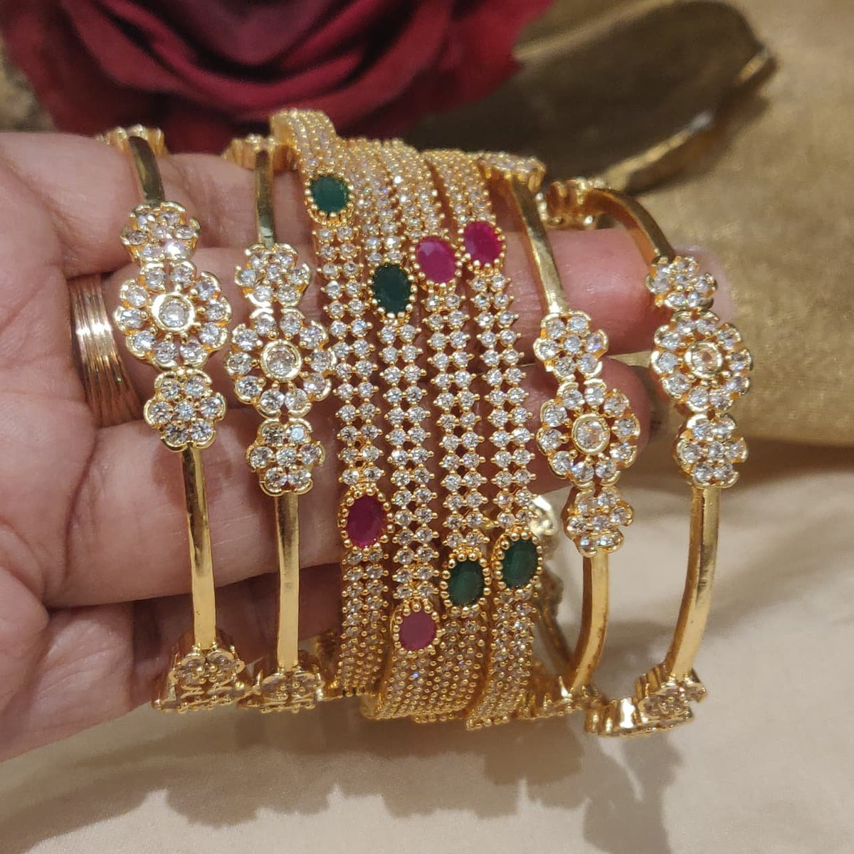 Brilliant floral green ruby bangles combo