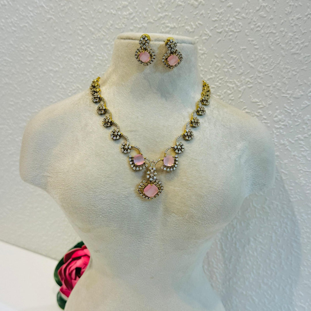 Lustrous AD Floral Necklace With Pink AD Stone