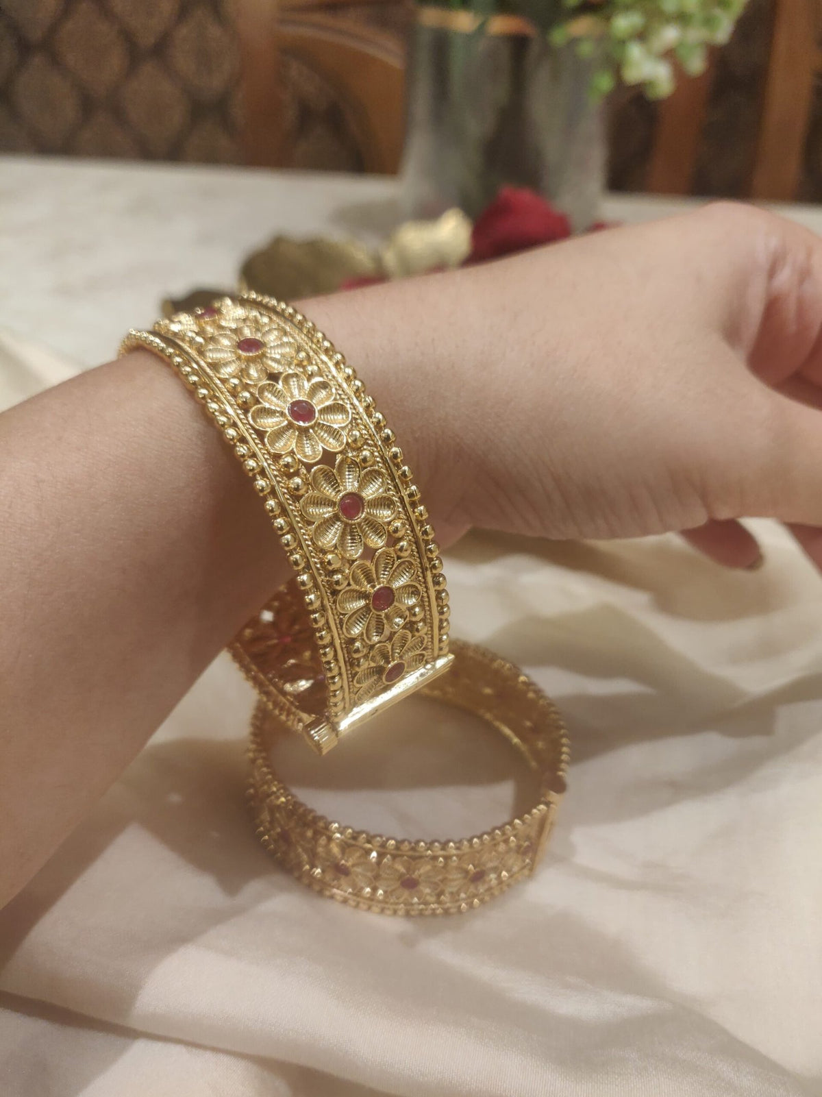 Elegant floral red stone kada set of 2