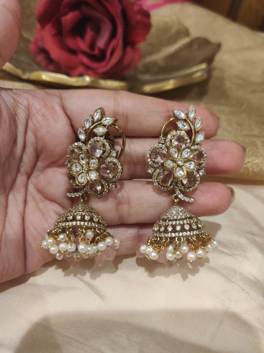 Sparkling LightPink Stone Floral Jhumka with White Beads