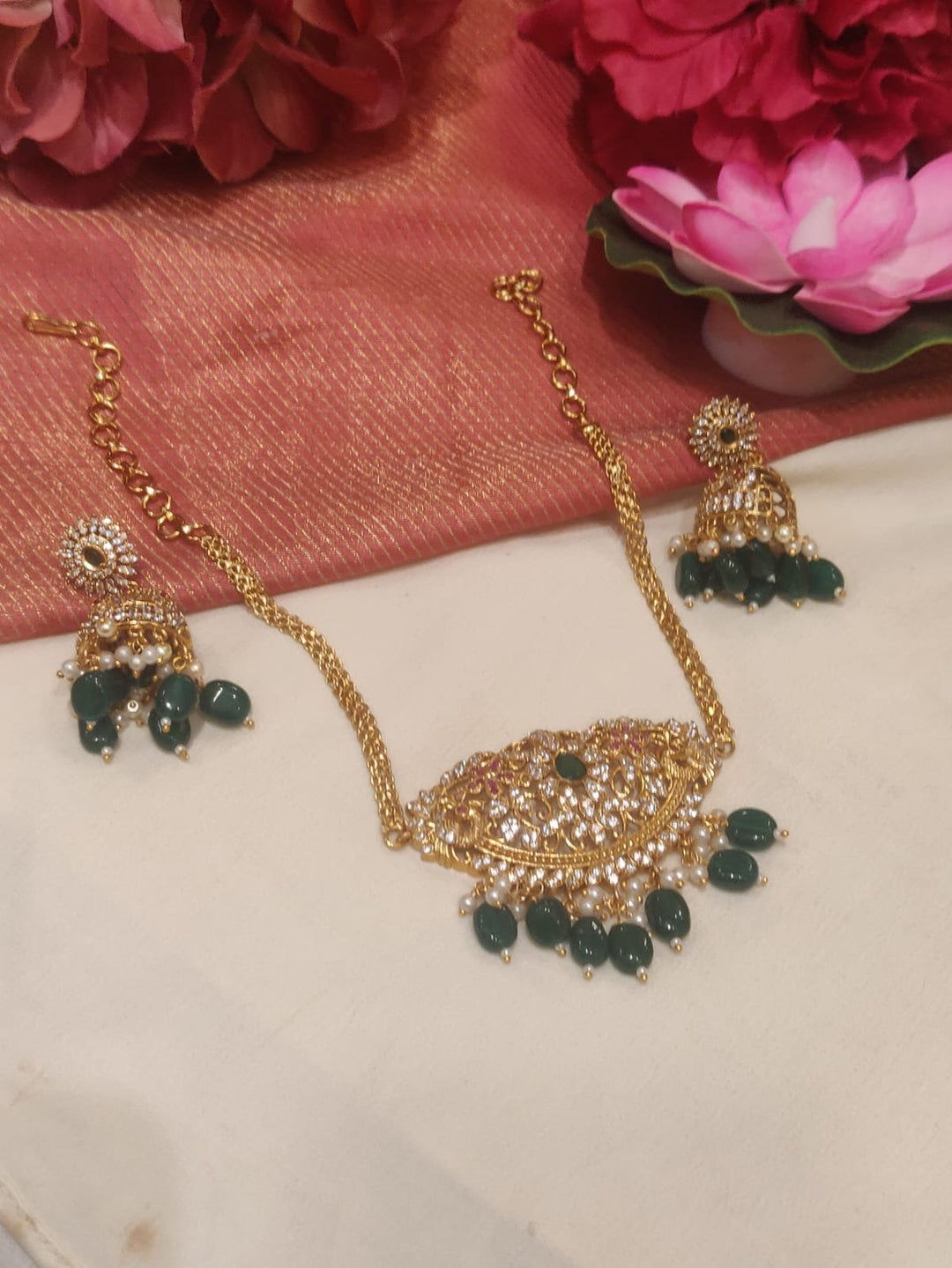 Opulent Gold Plated Peacock Design Green Beads Styled AD Chain Choker