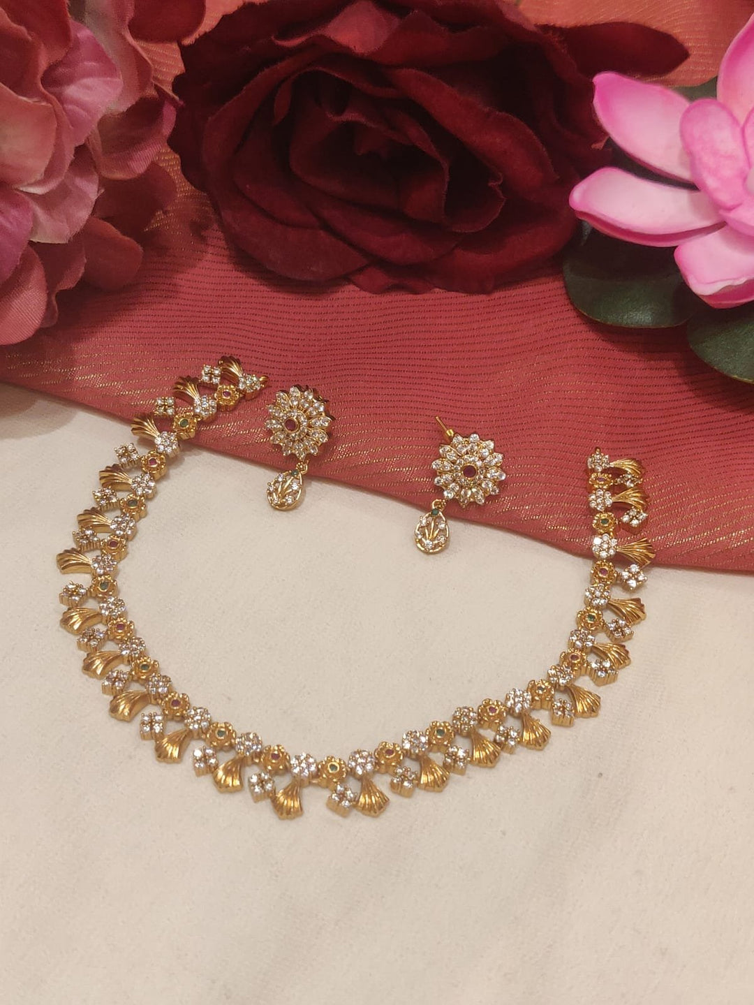 Delicate Gold Finish AD Studded Floral Designer Necklace Short