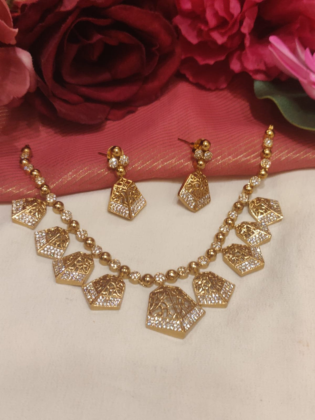 Iconic Gold Finish Box Design AD Necklace Short