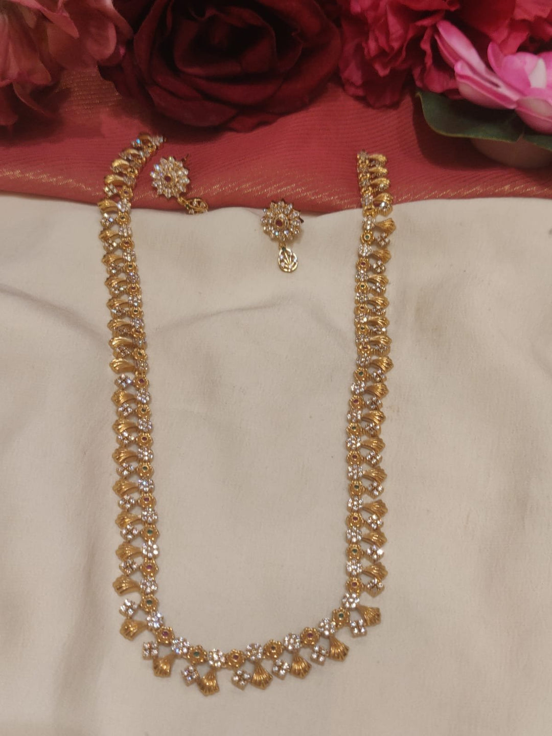 Delicate Gold Finish AD Studded Floral Designer Necklace Long