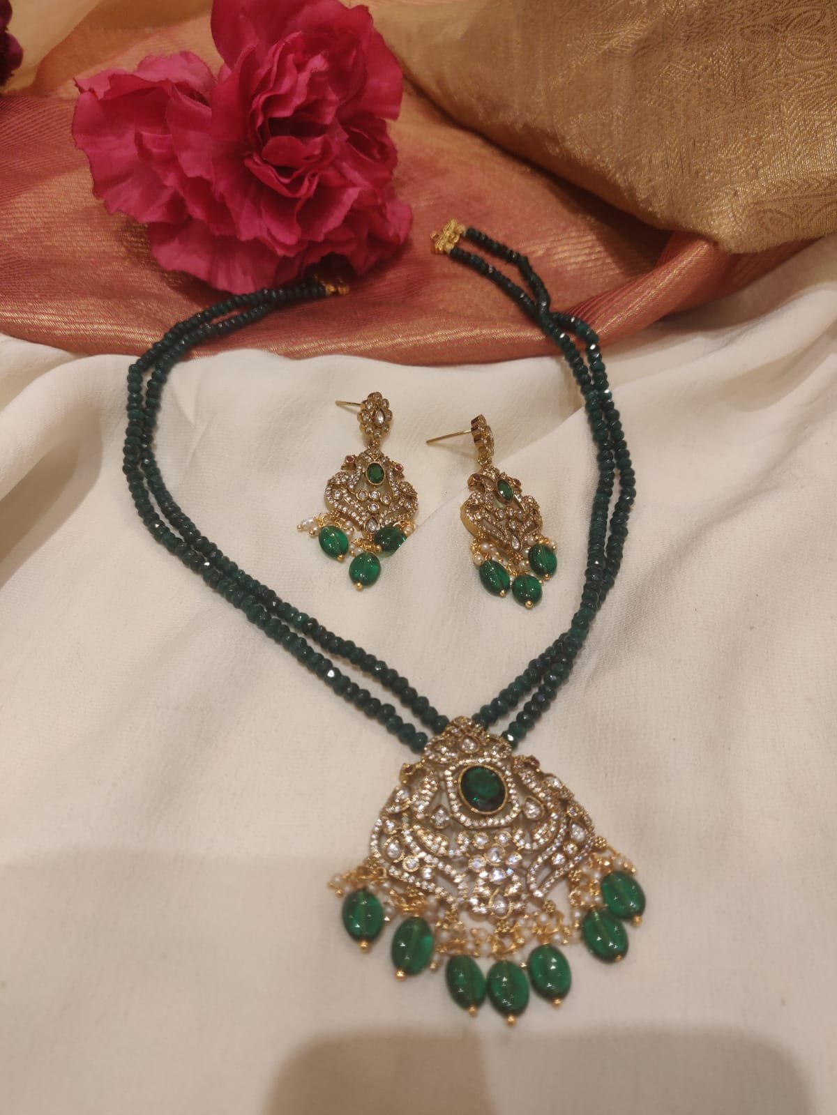 Ethereal gold finish cz pendant handcrafted victorian green short necklace