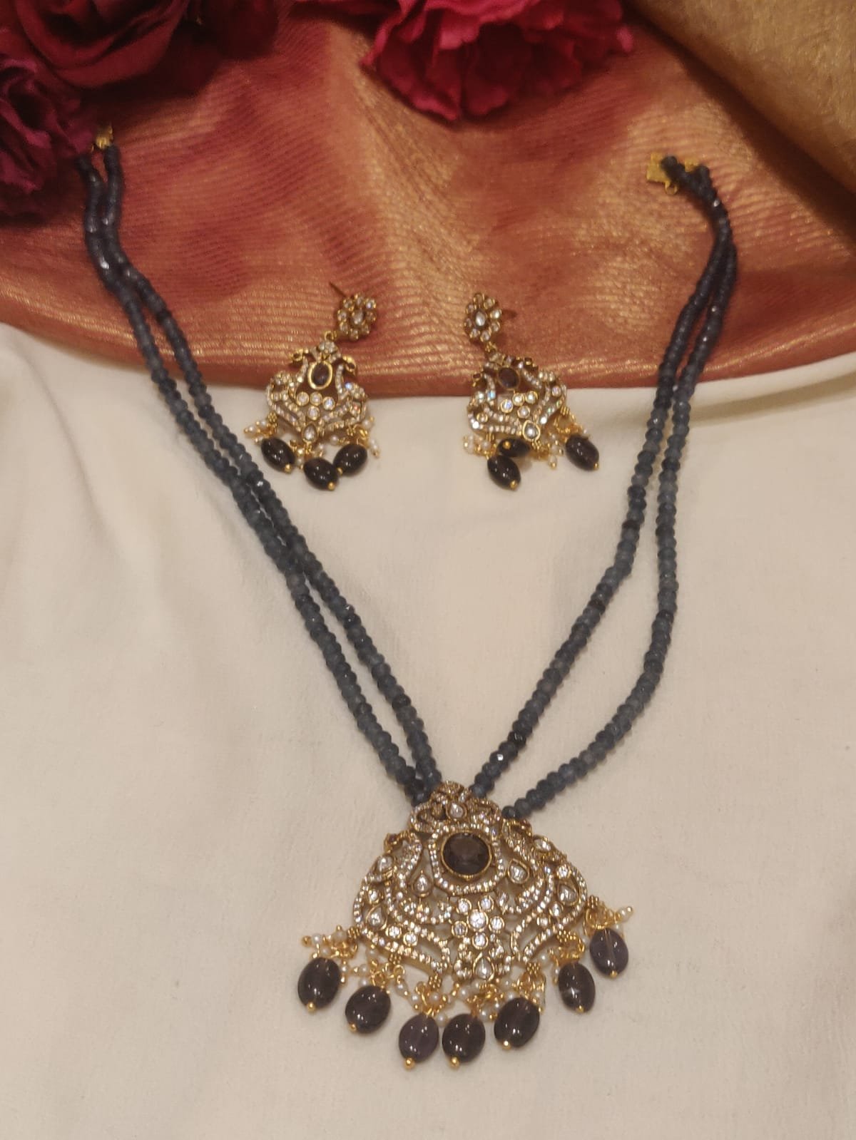 Ethereal gold finish cz pendant handcrafted victorian purpal short necklace