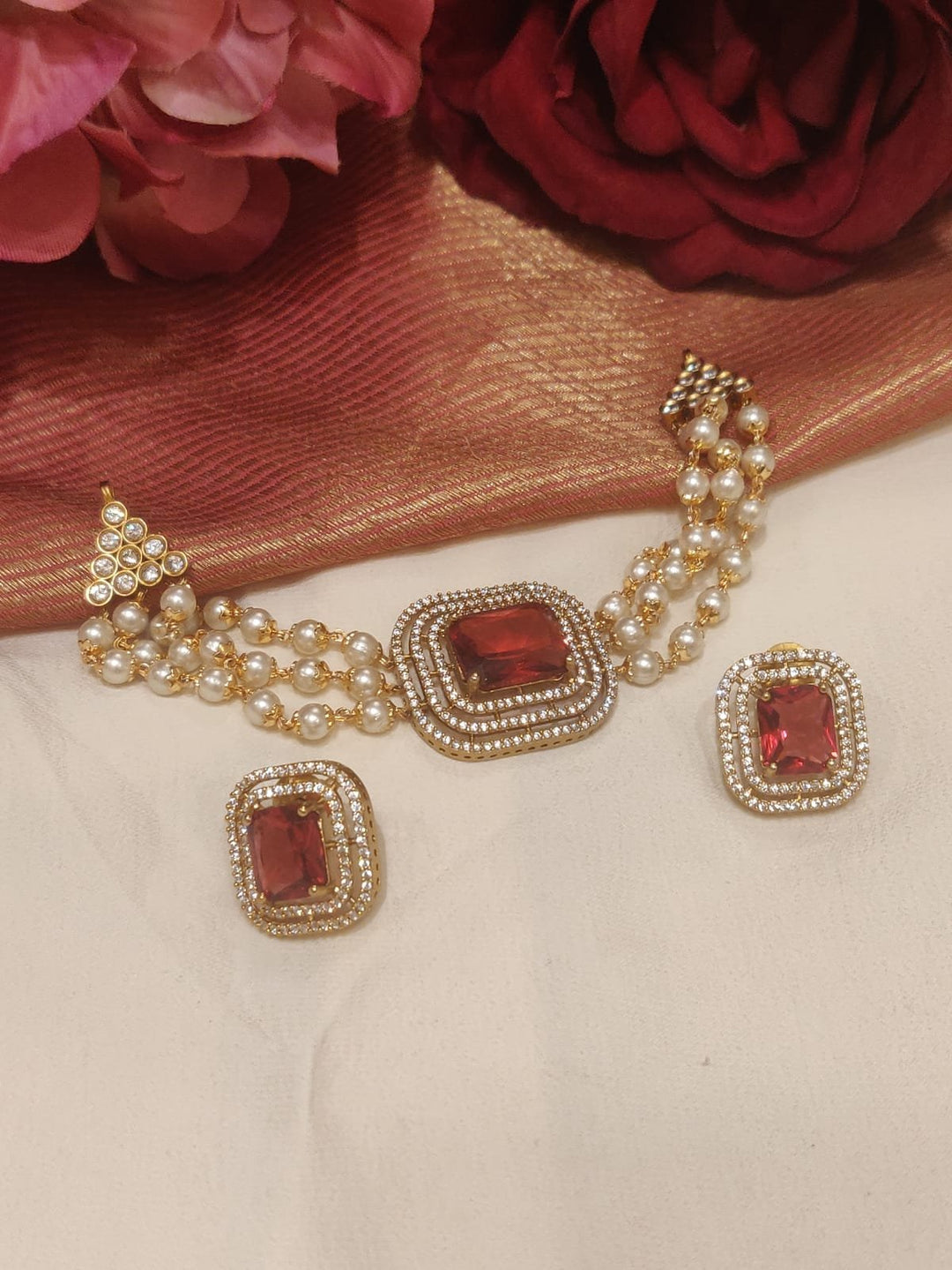 Brilliant Handcrafted Red Stone Styled Kudnan Pendant Choker