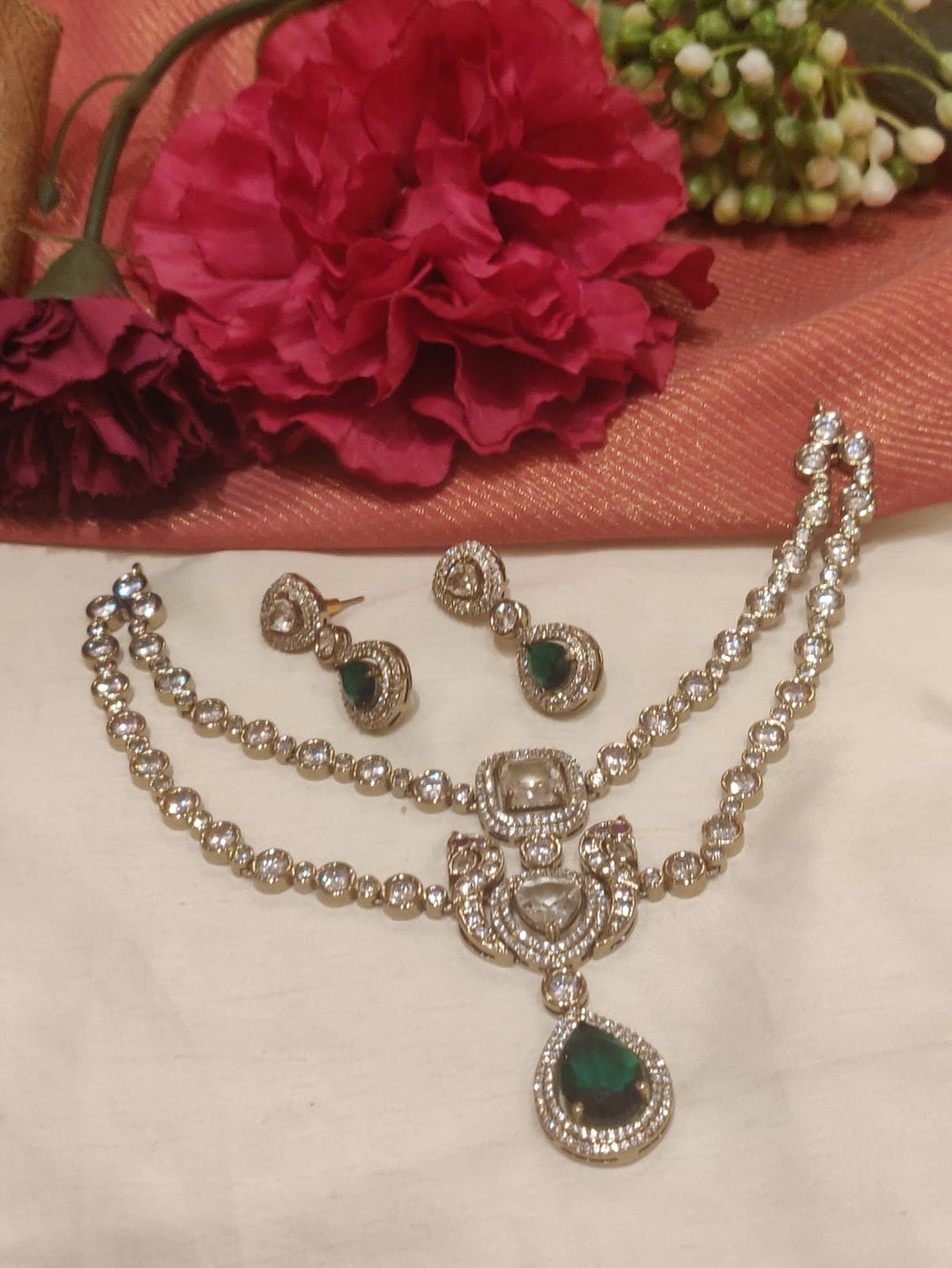 Sparkling  Antique Green Stone Styled Layer CZ Necklace