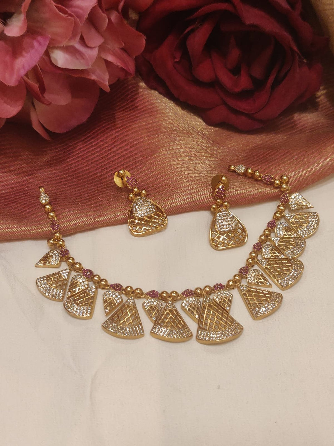 Enchanting Triangle Design AD Gold Finish Design Short Necklace