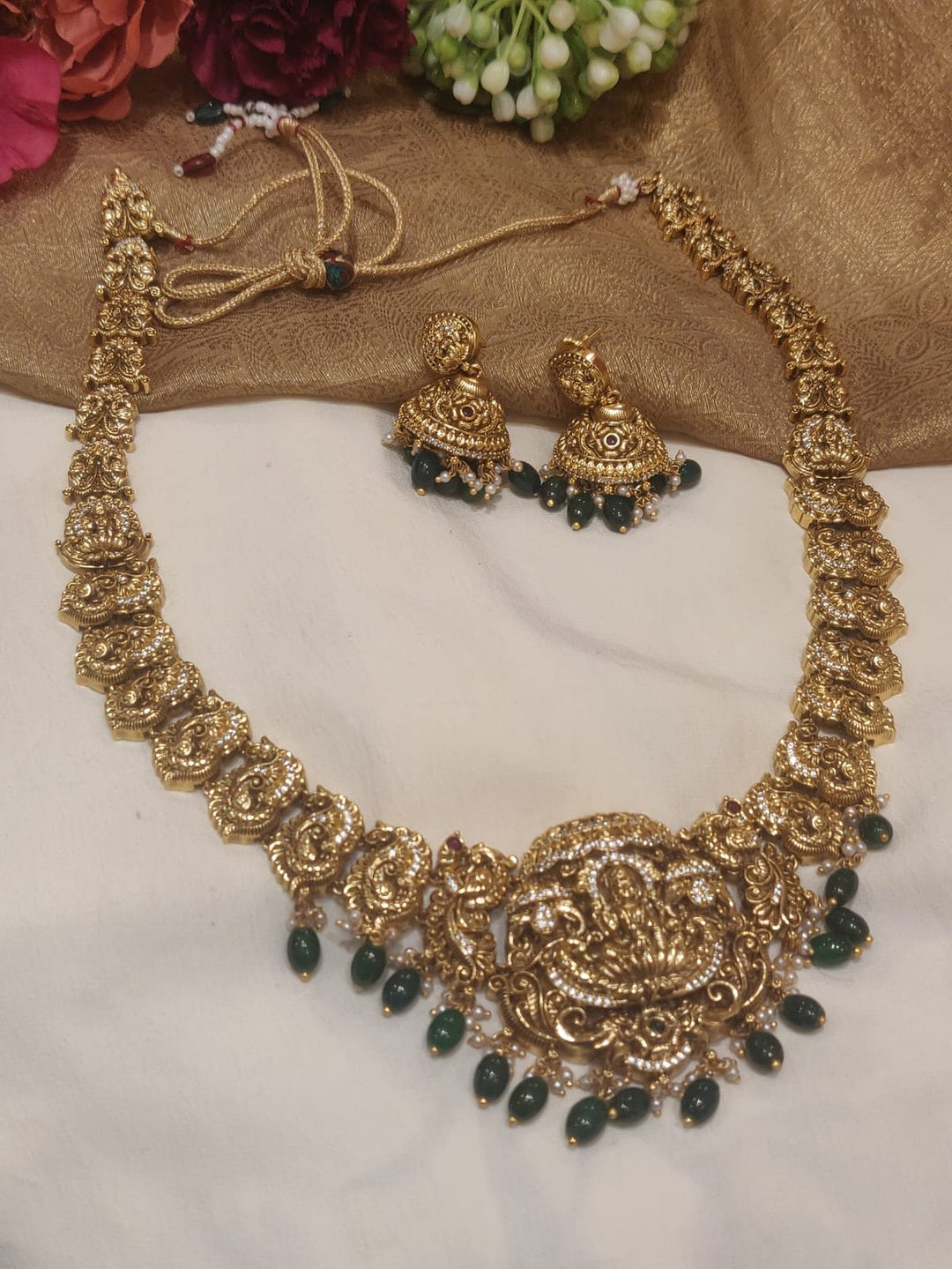 Delicate Peacock Design Lakshmi Pendant With Green Beads Long Necklace