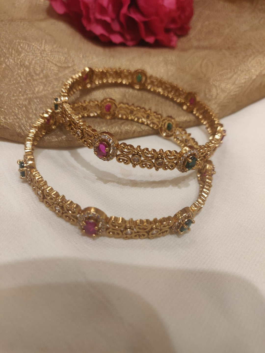 Glamorous AD Red and Green Stone Floral Design Bangles Set of 2