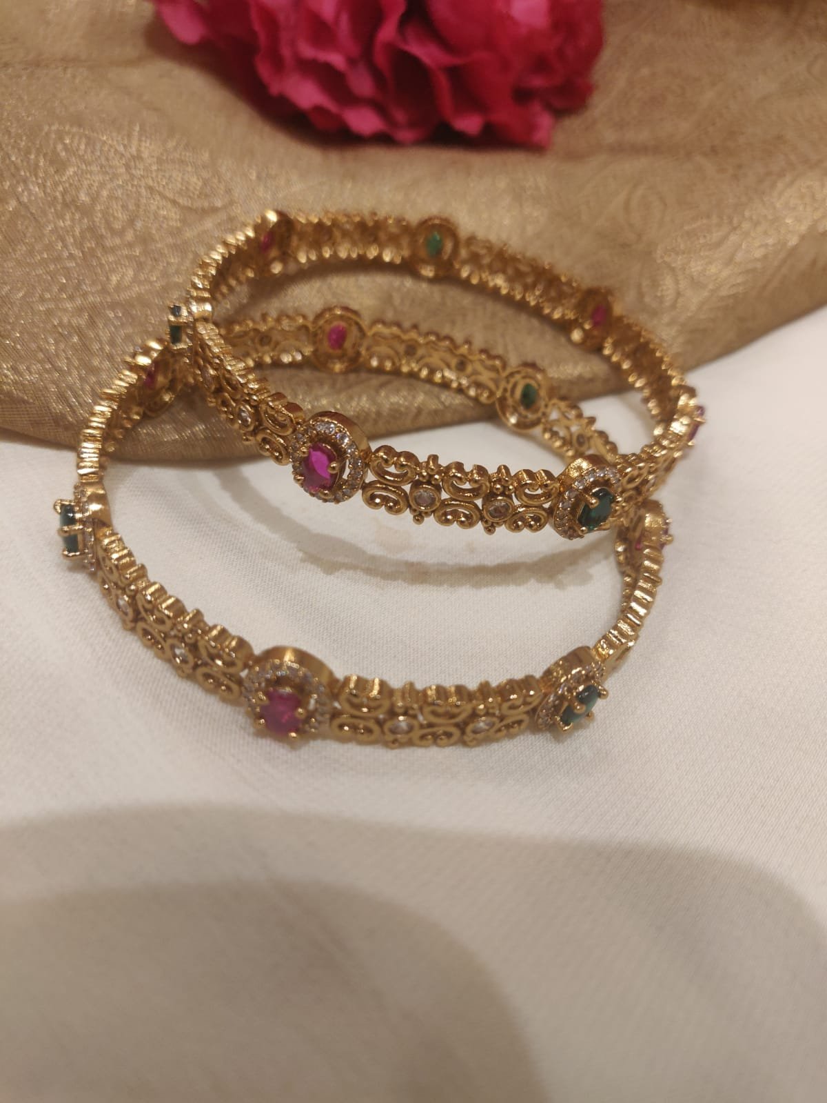 Glamorous ad red and green stone floral design bangles set of 2
