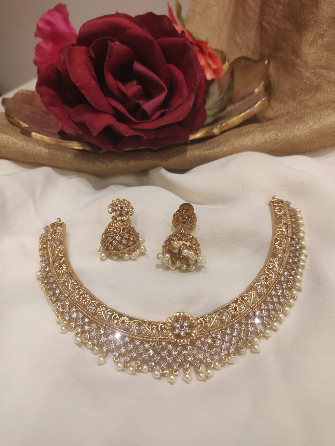 Rare Floral Design AD Gold Finish Choker Necklace