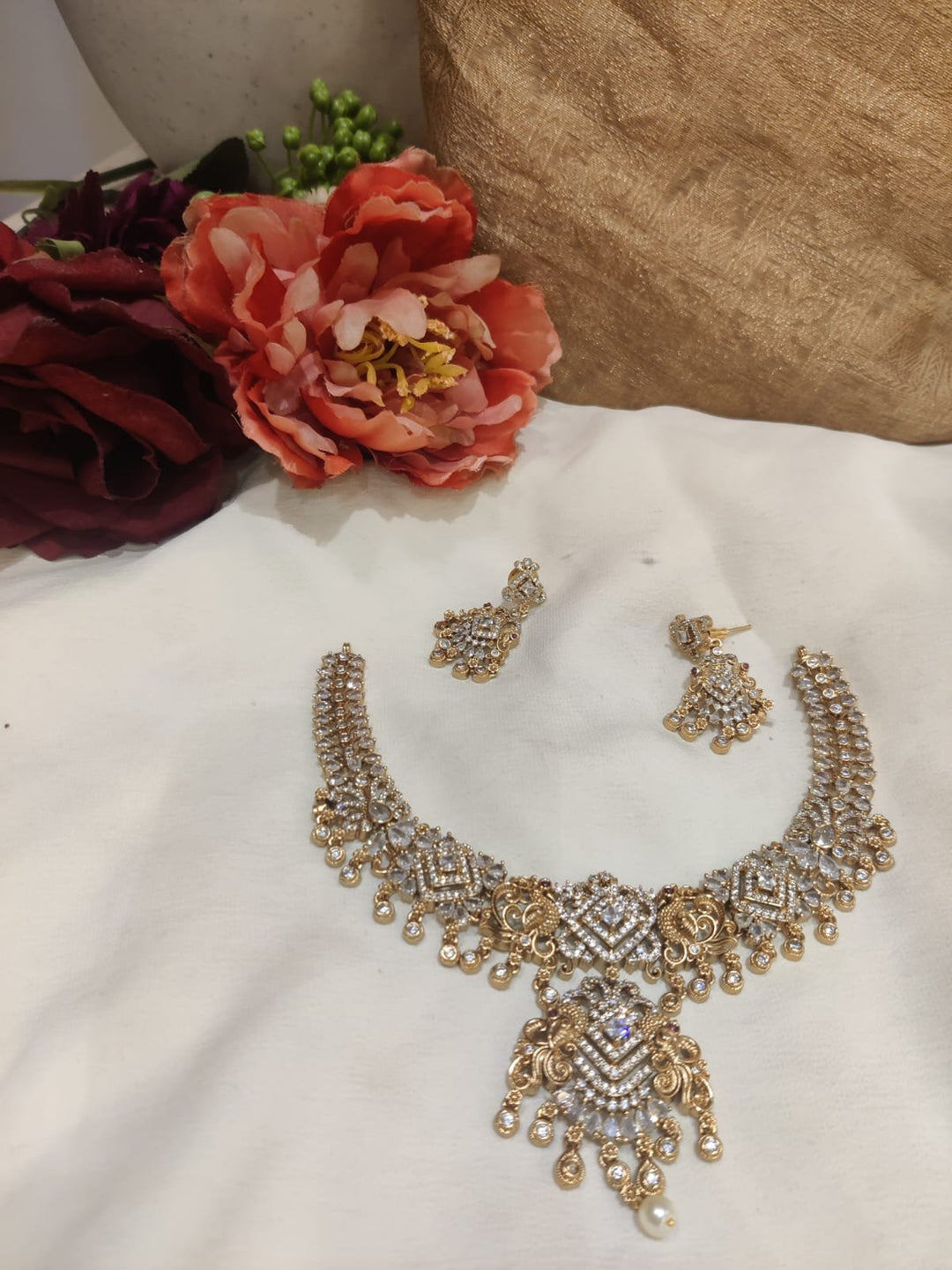 Mesmerizing  Gold Finish Peacock Design AD Stone Short Necklace