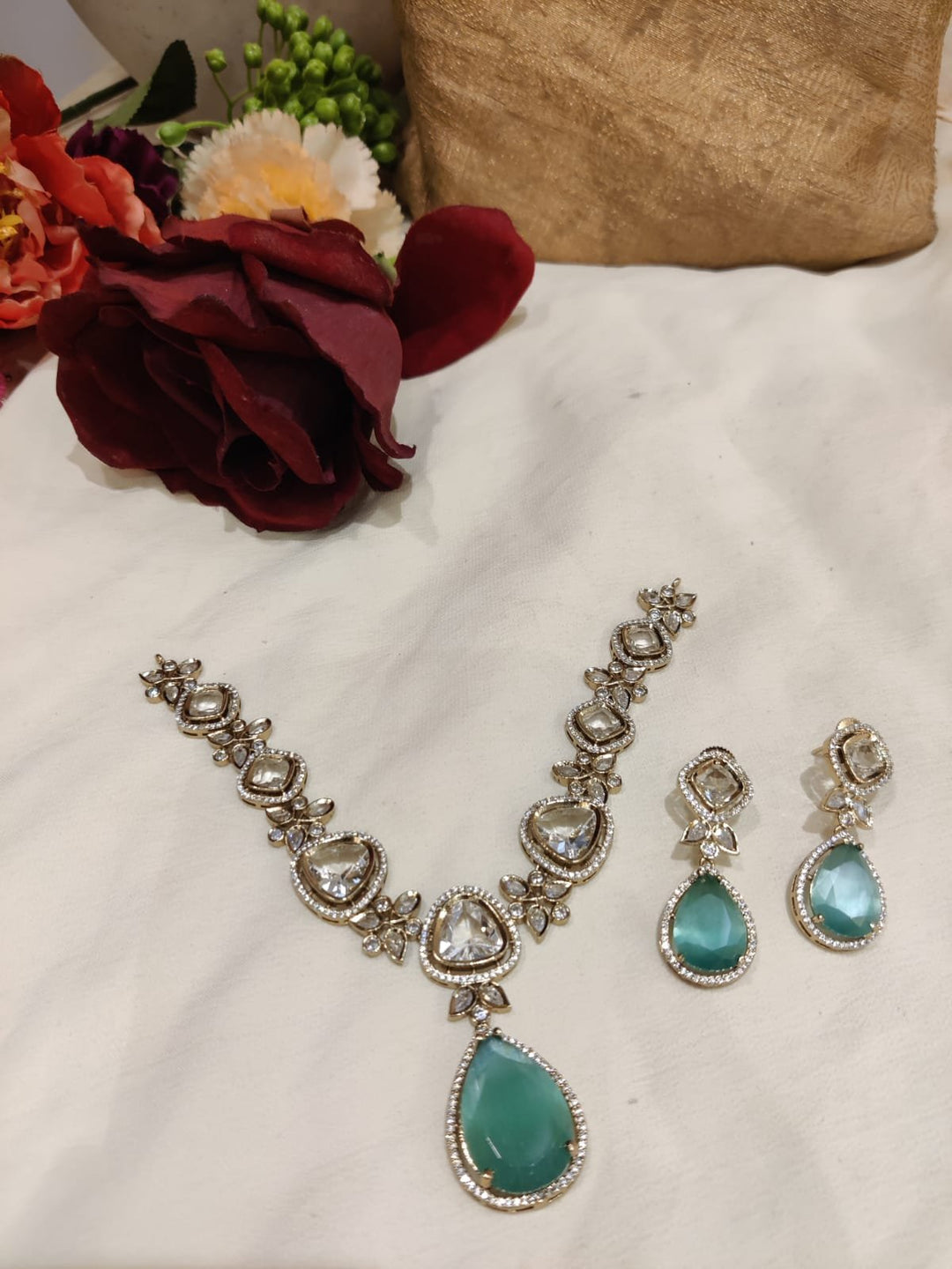 Iconic Kundan Stone Sky Blue AD Stone Pendant Short Necklace