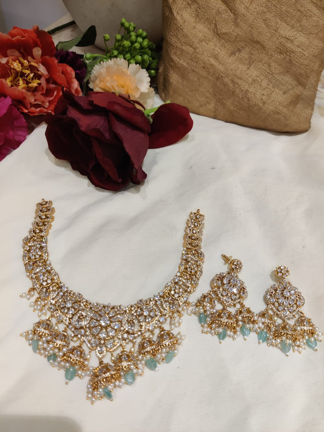 Jubilant AD Stone Peacock Design With Sky Blue Beads Bridal Short Necklace