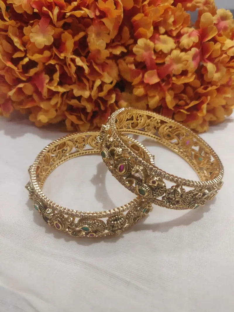Delicate Peacock Temple Design Red and Green Stone Bangles Set Of 2