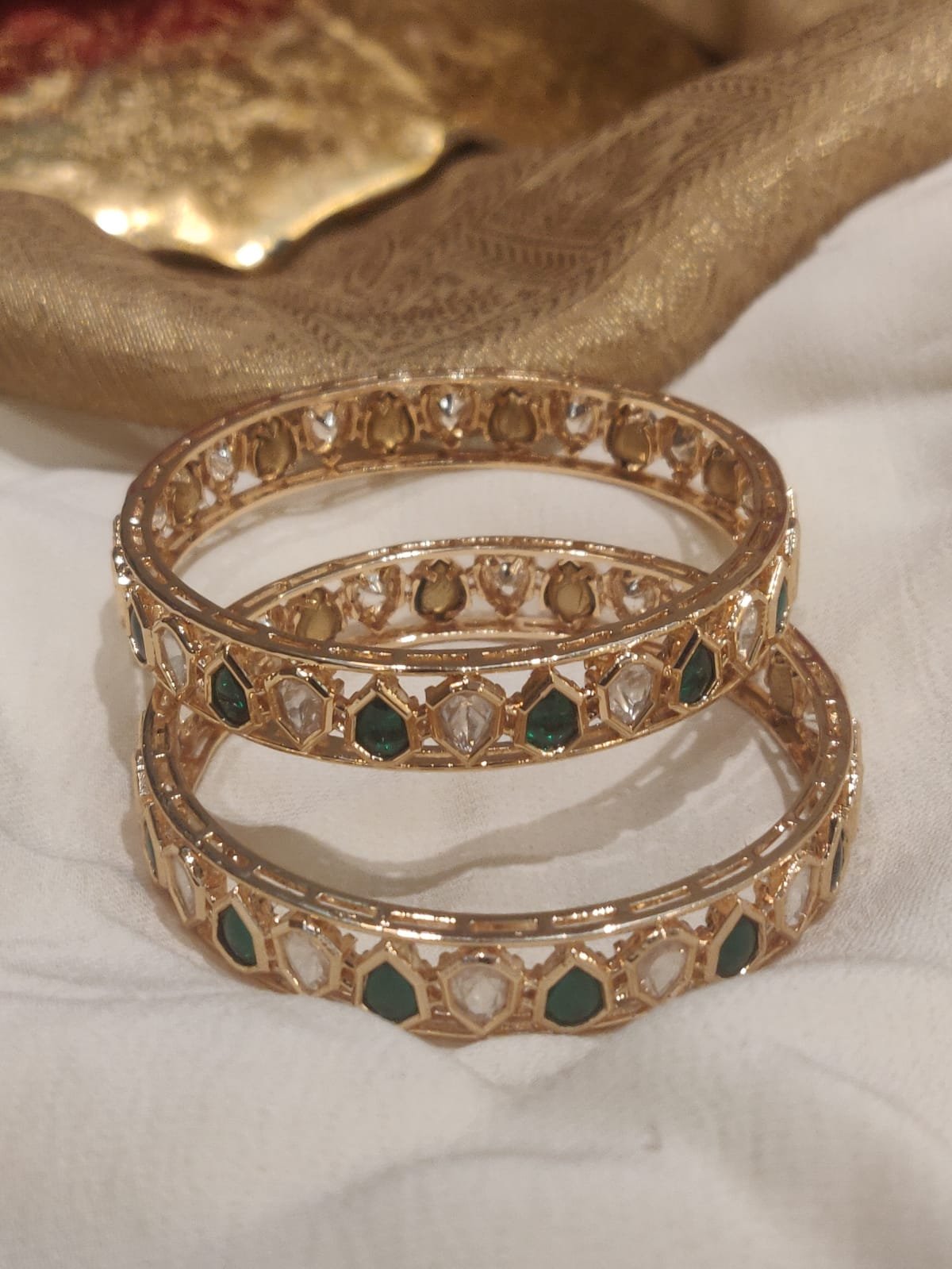 Timeless kundan stone crystal and green bangle set of 2