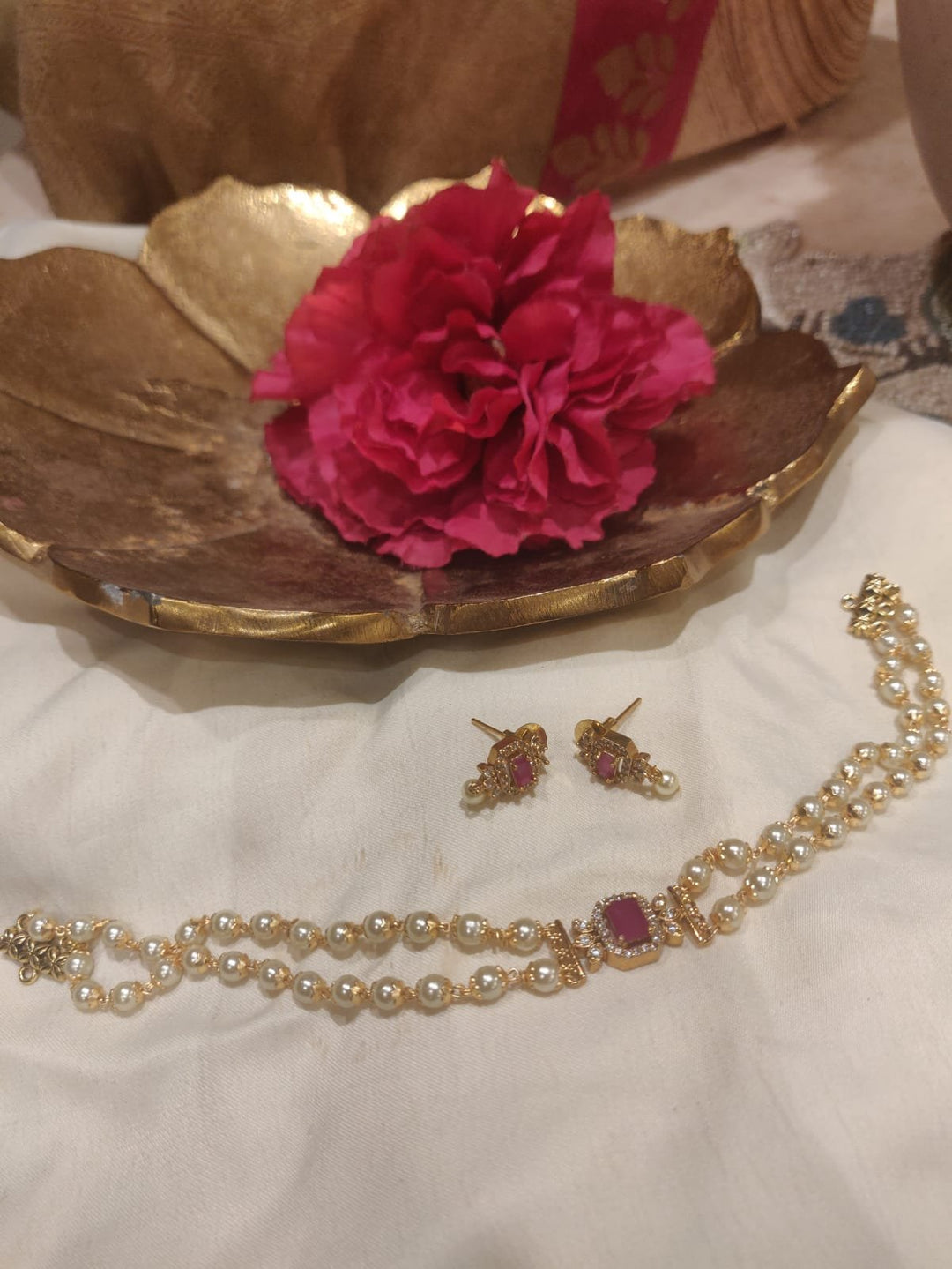 Elegant Pearl Layer Red Stone Choker Necklace