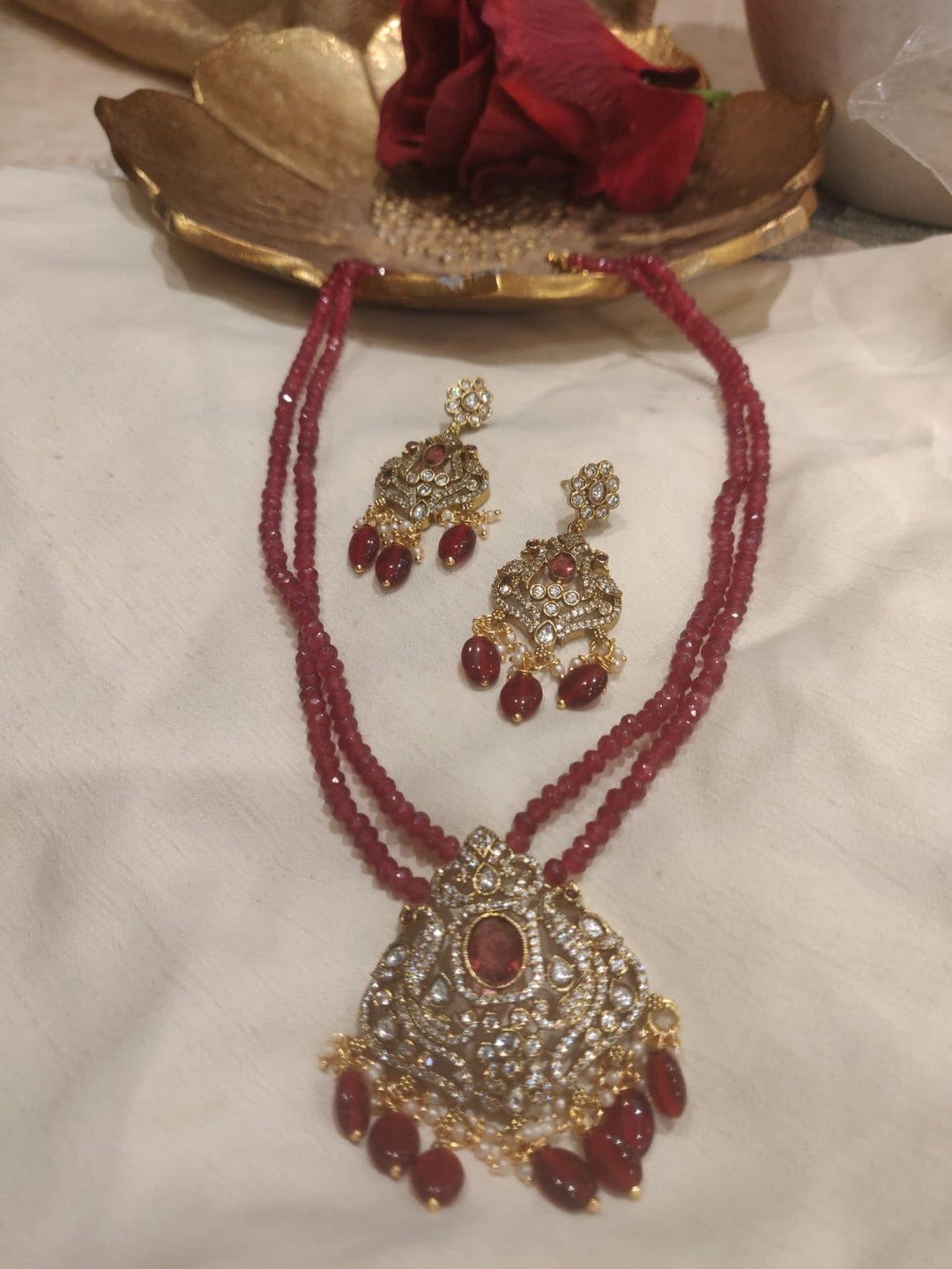 Sought Handcrafted Peacock AD Red Stone Beads Long Necklace