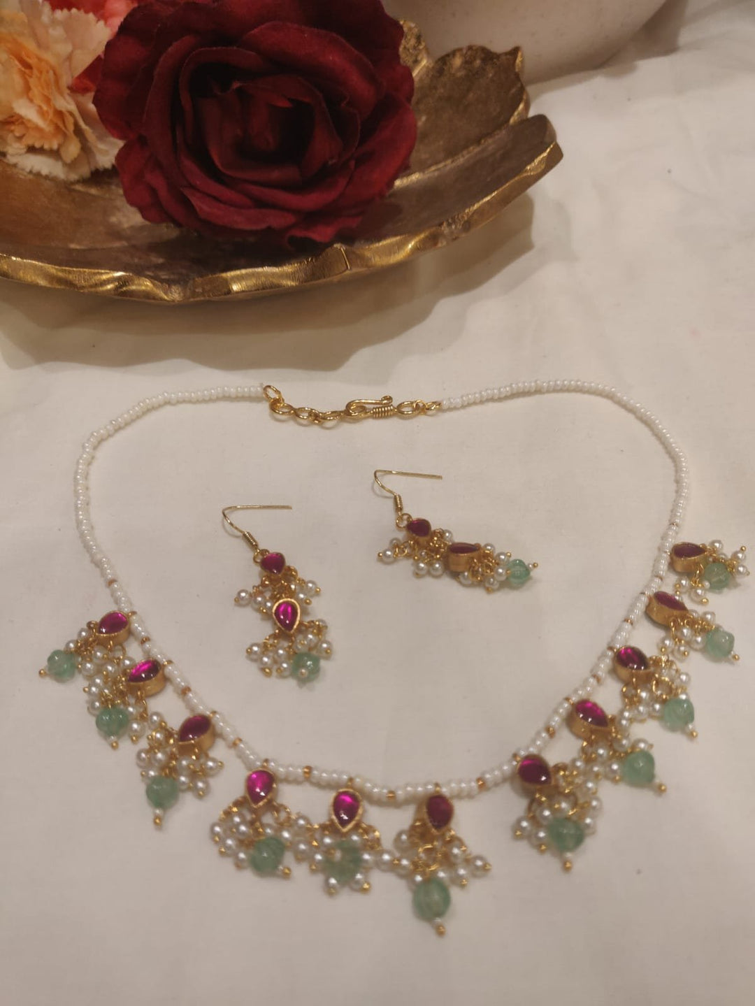 Brilliant Handcrafted Red Stone And Green Beads Necklace