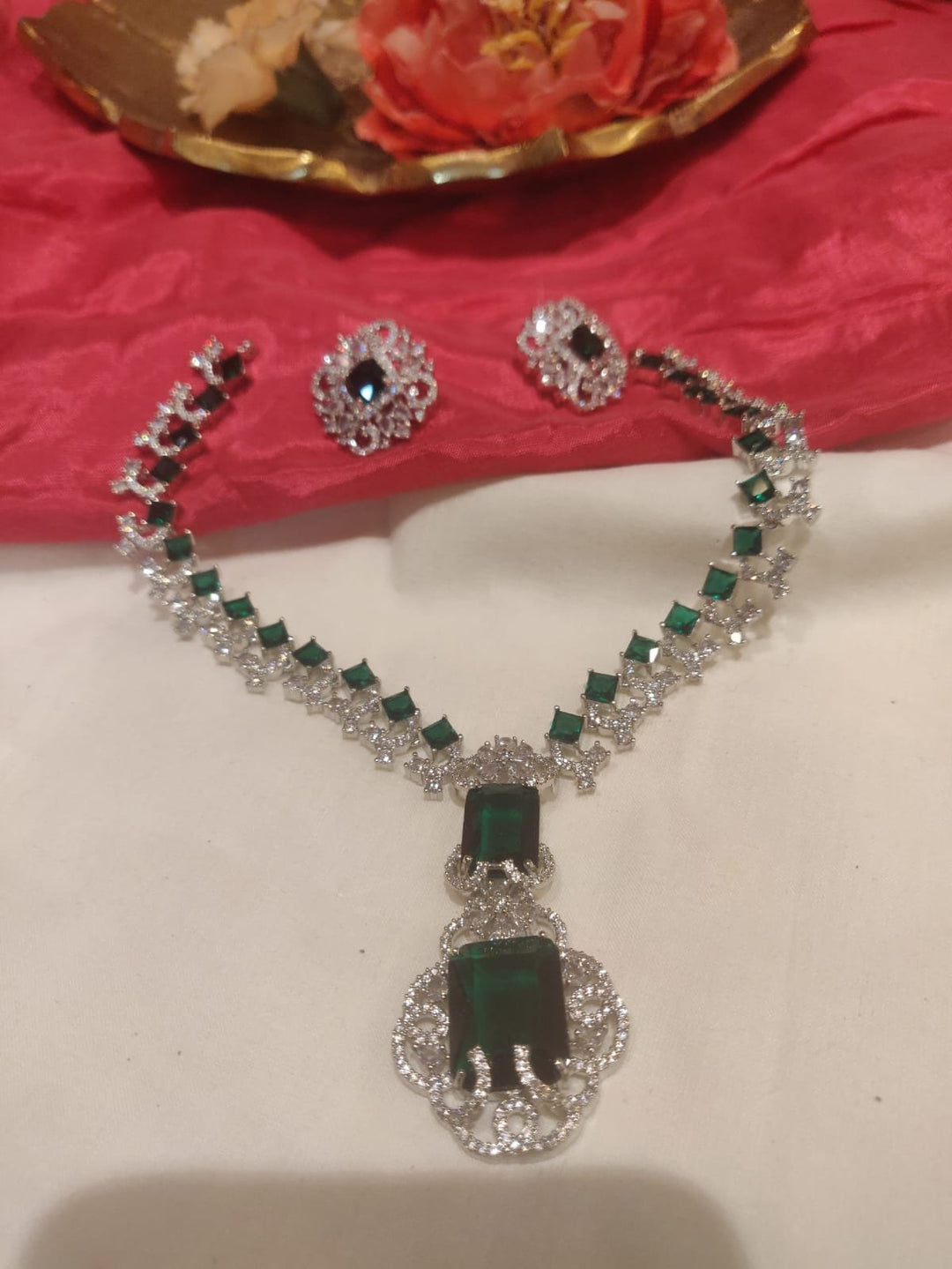 Radiant Silver Finish AD Green Stone Short Necklace