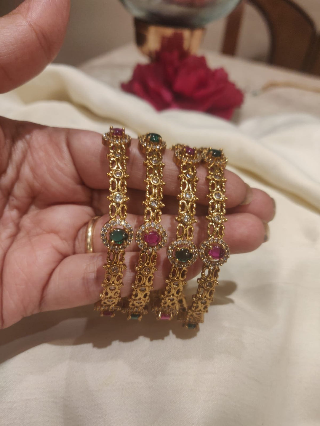 Elegant AD Green Red Stone Bangles Set Of 4