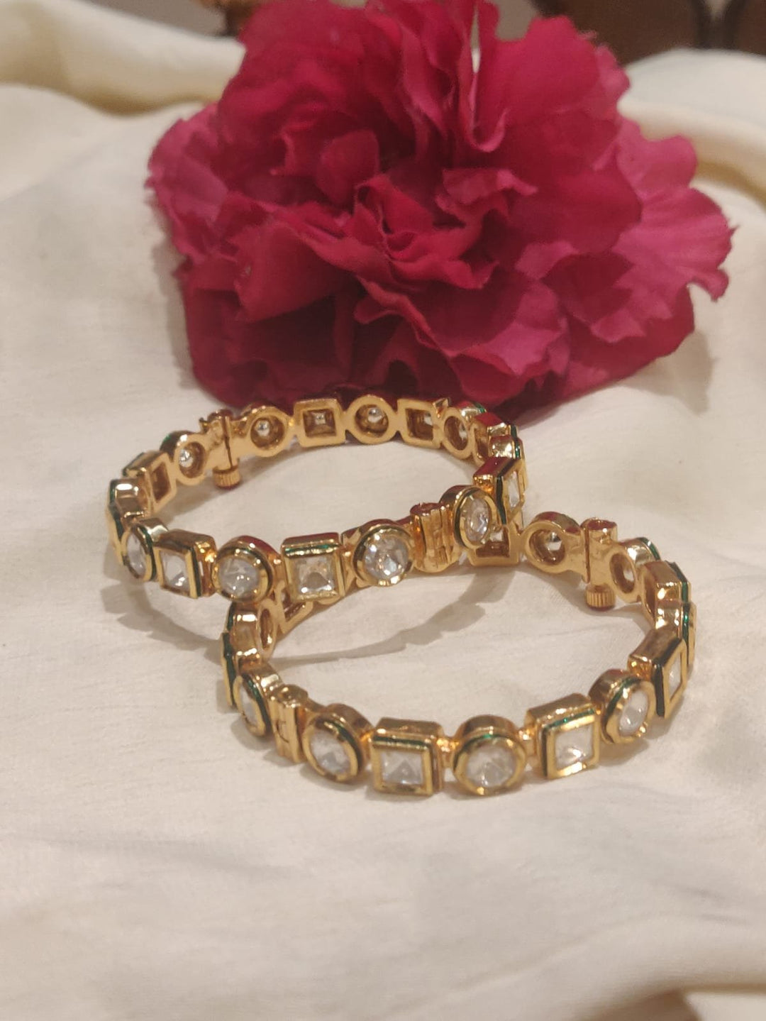 Exquisite Round Square Shape Kundan Stone Bangle Set Of 2