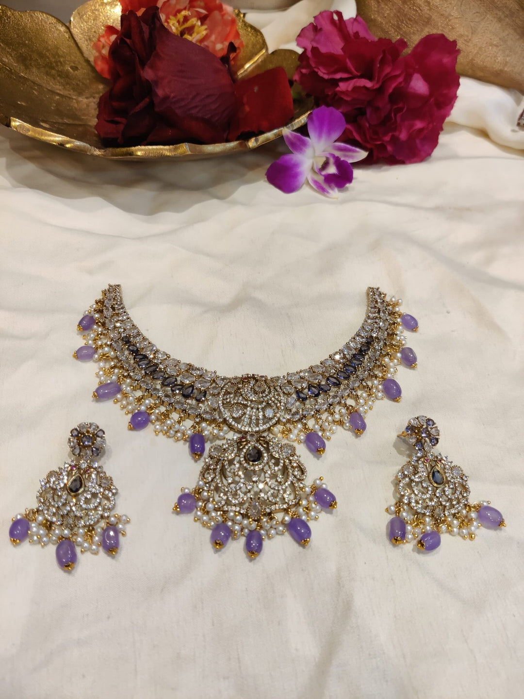 Divine Peacock Design AD Purple Stone and Beads Pendant Short Necklace