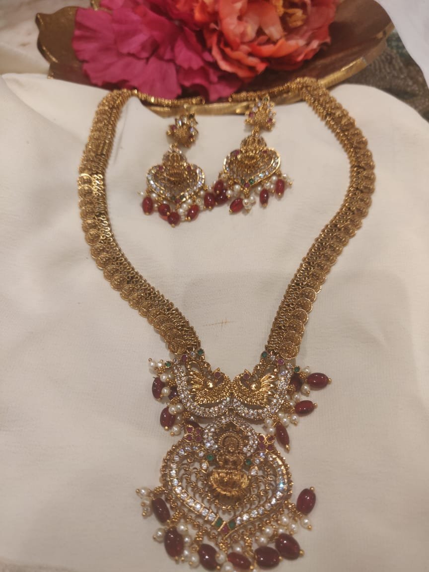 Refined Long Coin Saraswati Necklace With Red White Beads