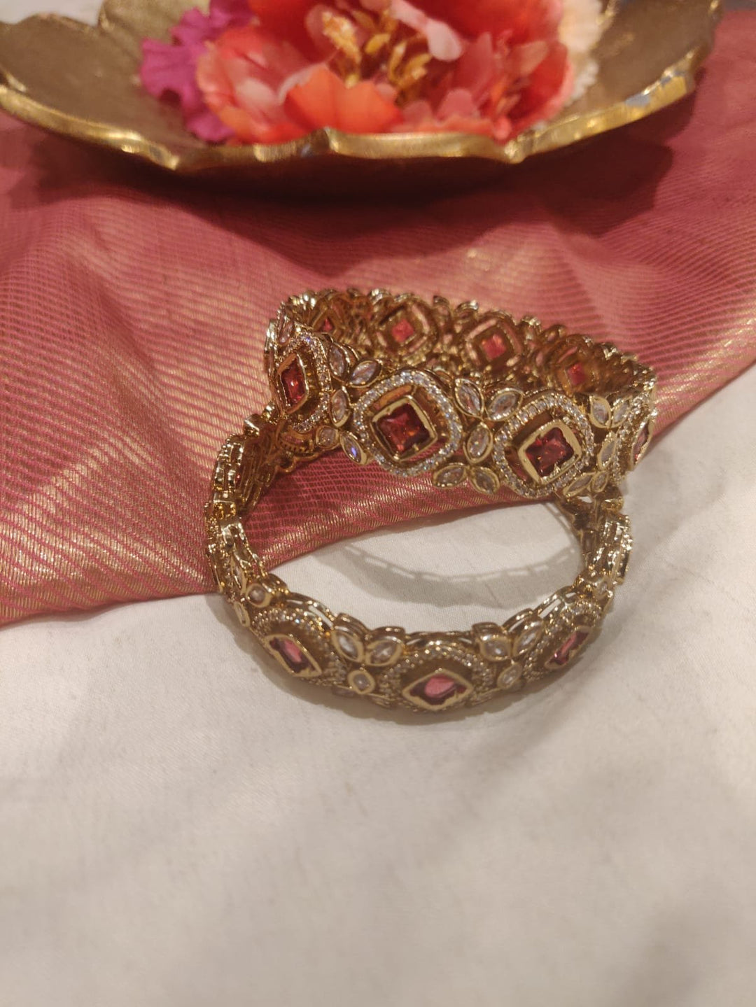 Majestic Crystal Leafs Bangle With Red AD Stone Set of 2