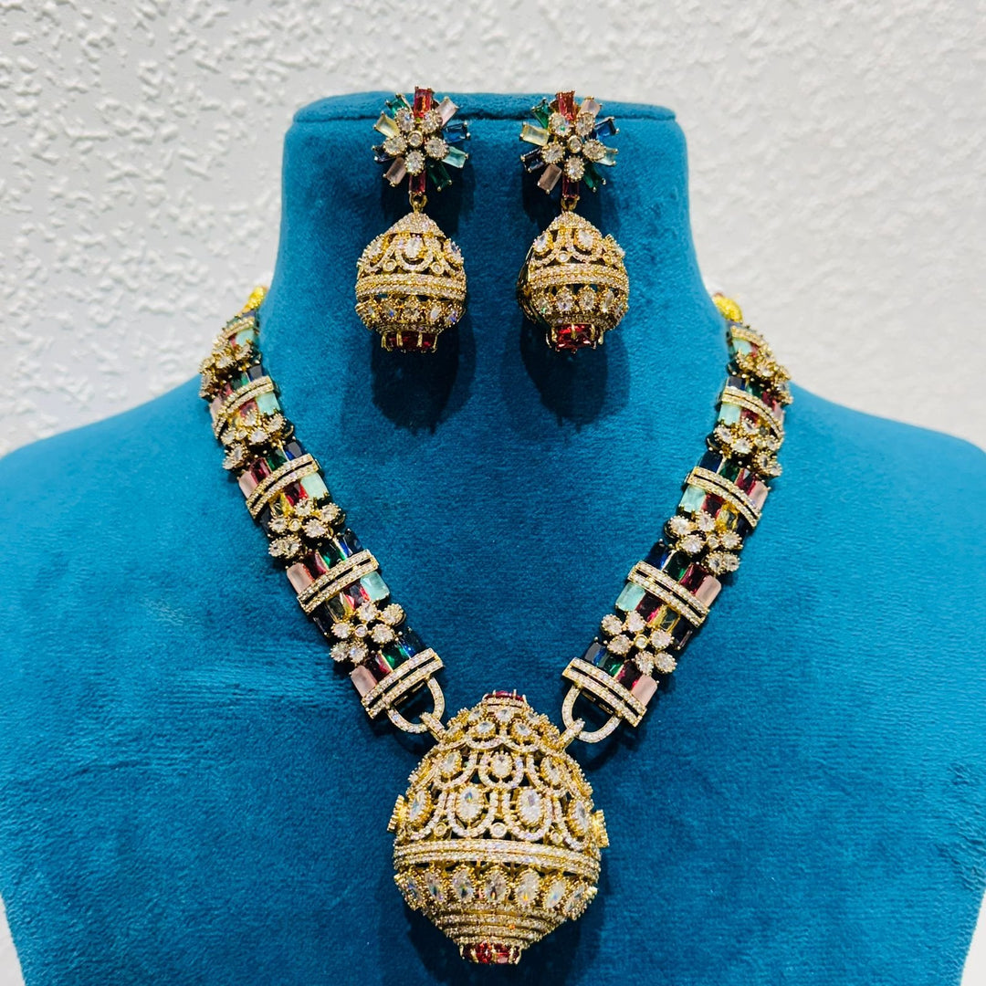 Sophisticated  Glamorous rainbow Ad Stone Necklace With Crystal AD Pendant