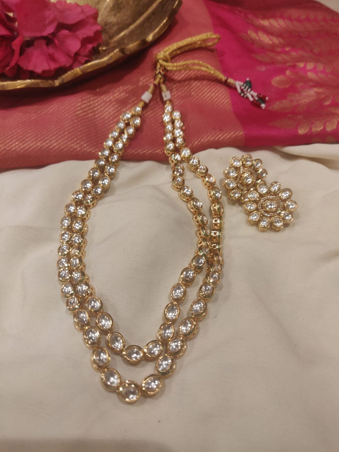 New 2 Layer Long Kundan Necklace With Floral Earring