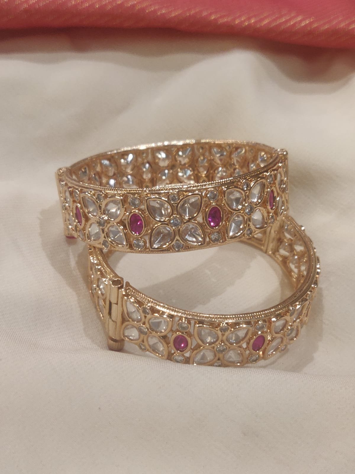 Lustrous crystal kundan leafs bangles with ruby stone set of 2