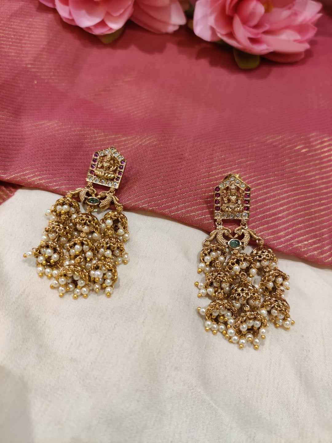 Sophisticated Red Lakshmi Earring With Jhumka Designs With White Beads