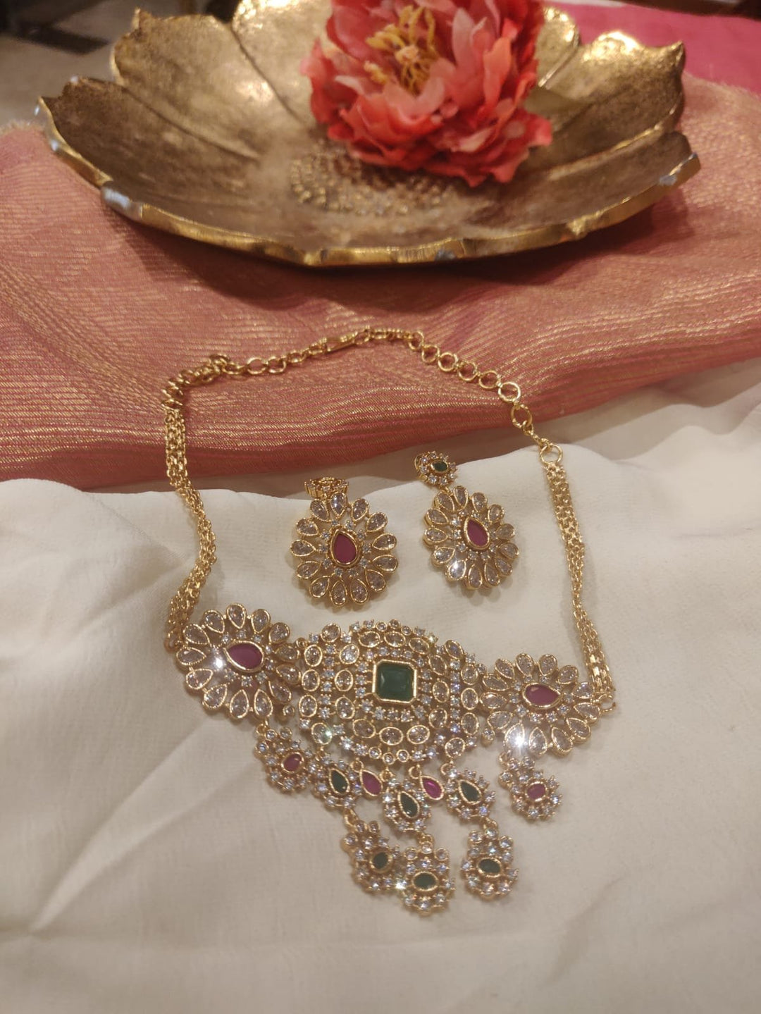 Delicate Floral Droplet Necklace Red Green AD Stone With Chain
