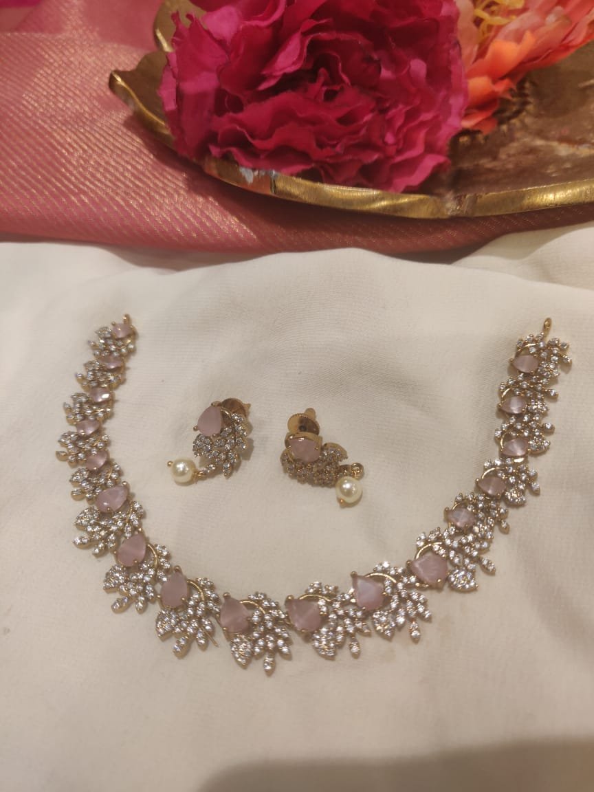 Elegant Crystal Short Necklace with Pink AD Stone