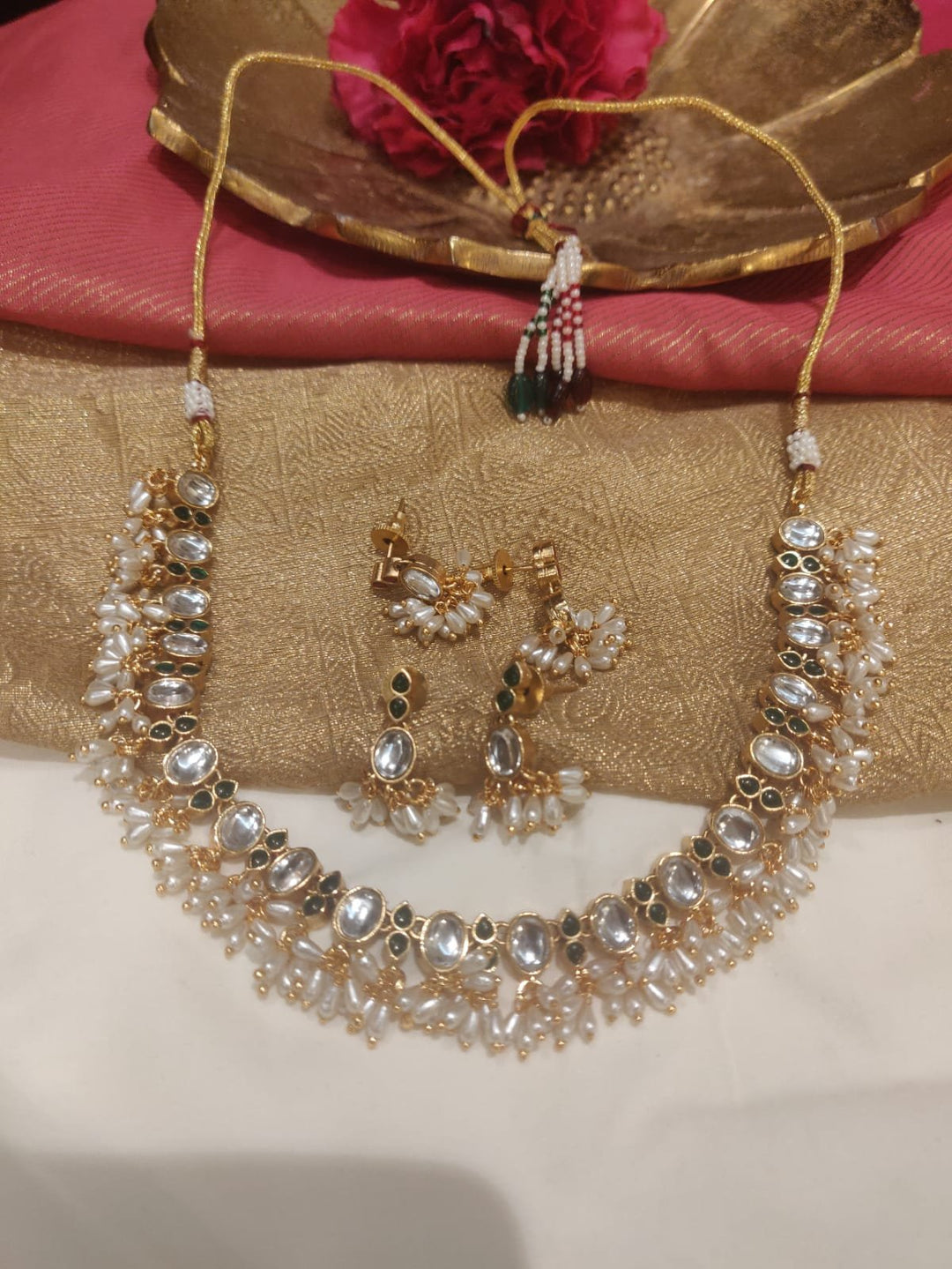 Radiant Crystal Kundan Stone Necklace With rice pearl white beads