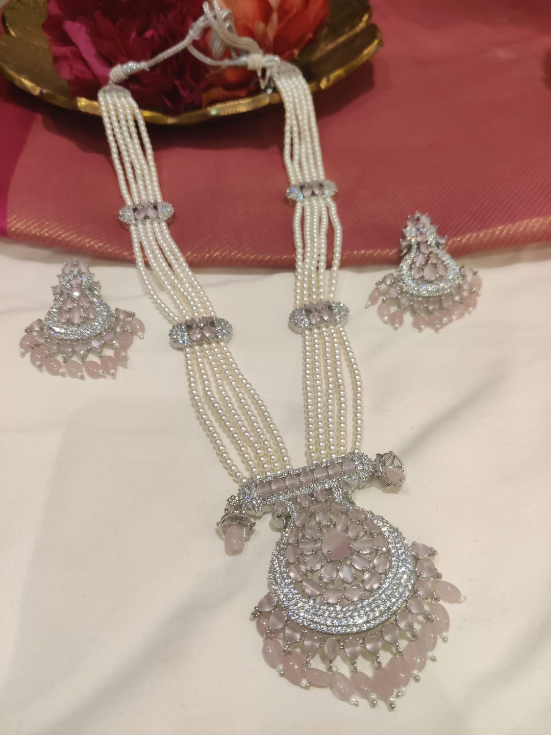 Pinnacle Handcrafted White Pearl Loing Mala With CZ Pink Pendant