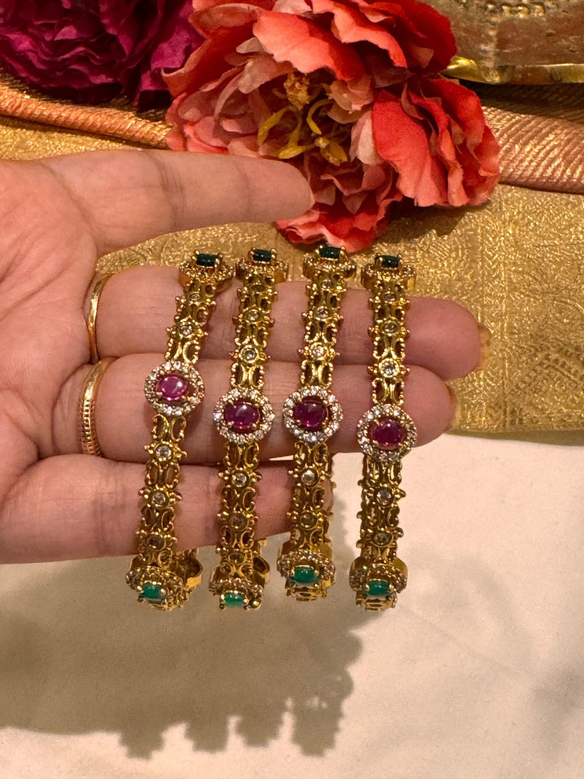 Elegant red green ad stone bangles set of 4