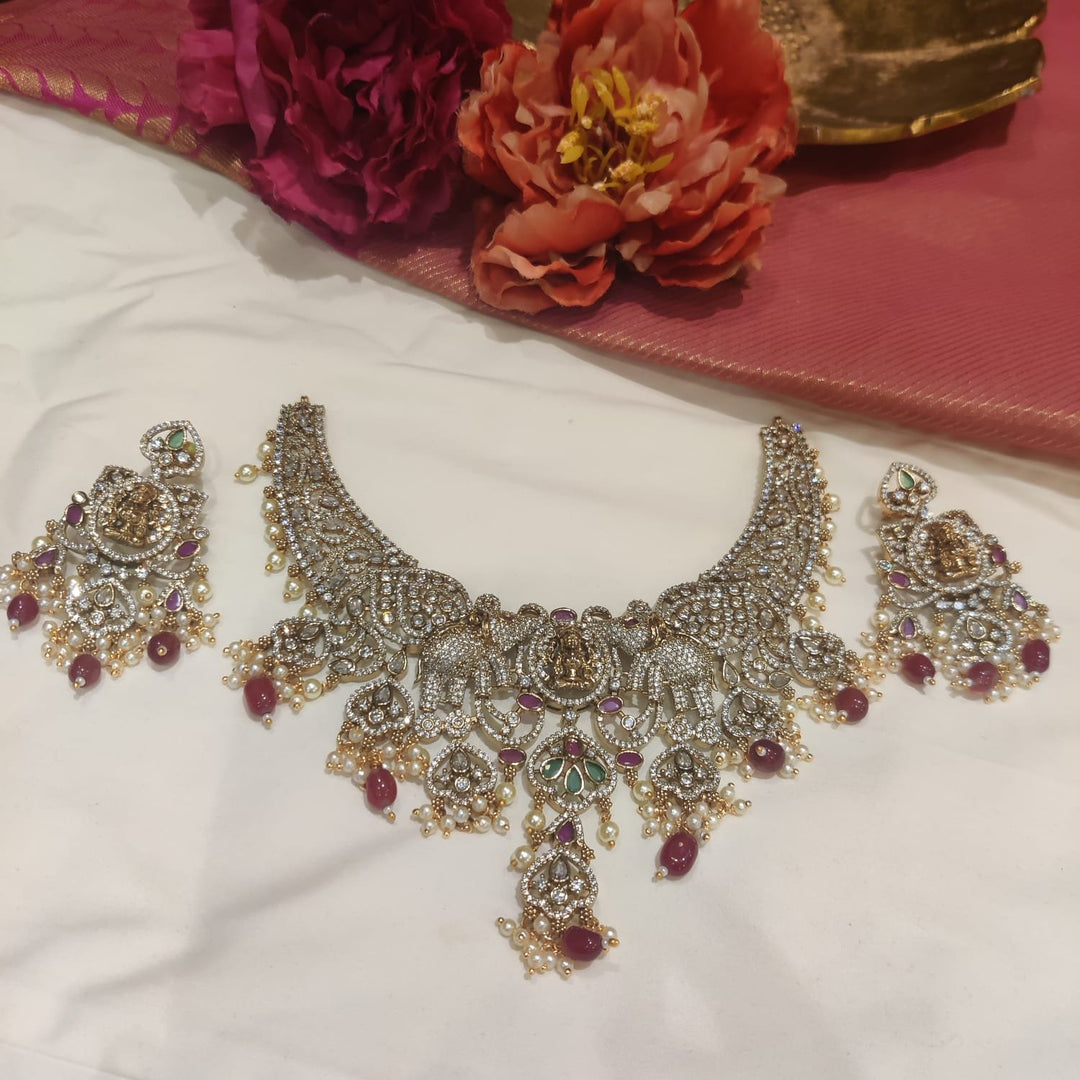 Radiant Antique Finish Elephant Droplet Choker With White Red Beads