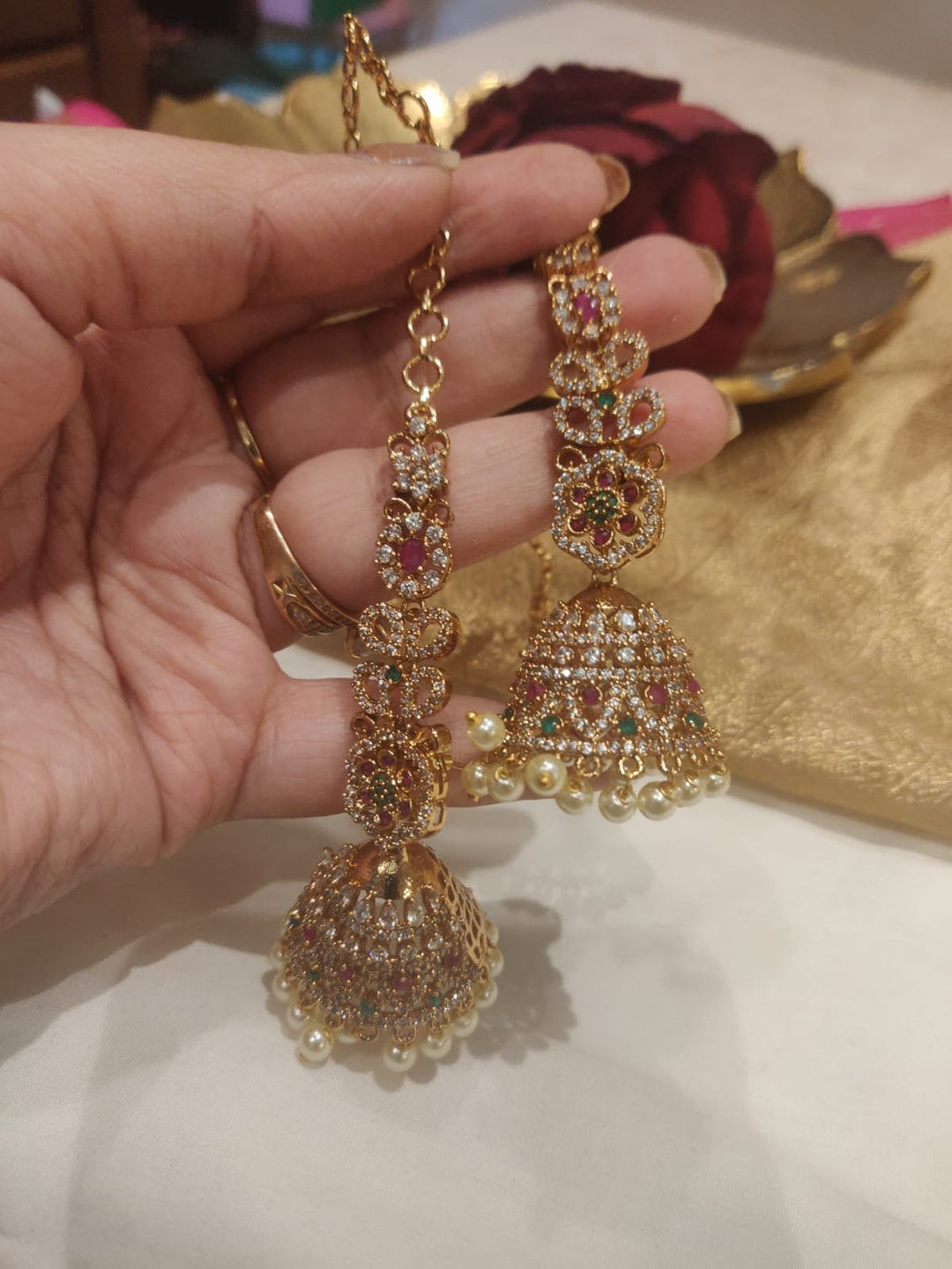 Elegant Floral Long Jhumka With White Pearl