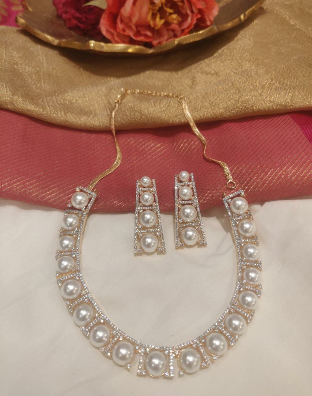 Opulent White Pearl CZ Short Necklace