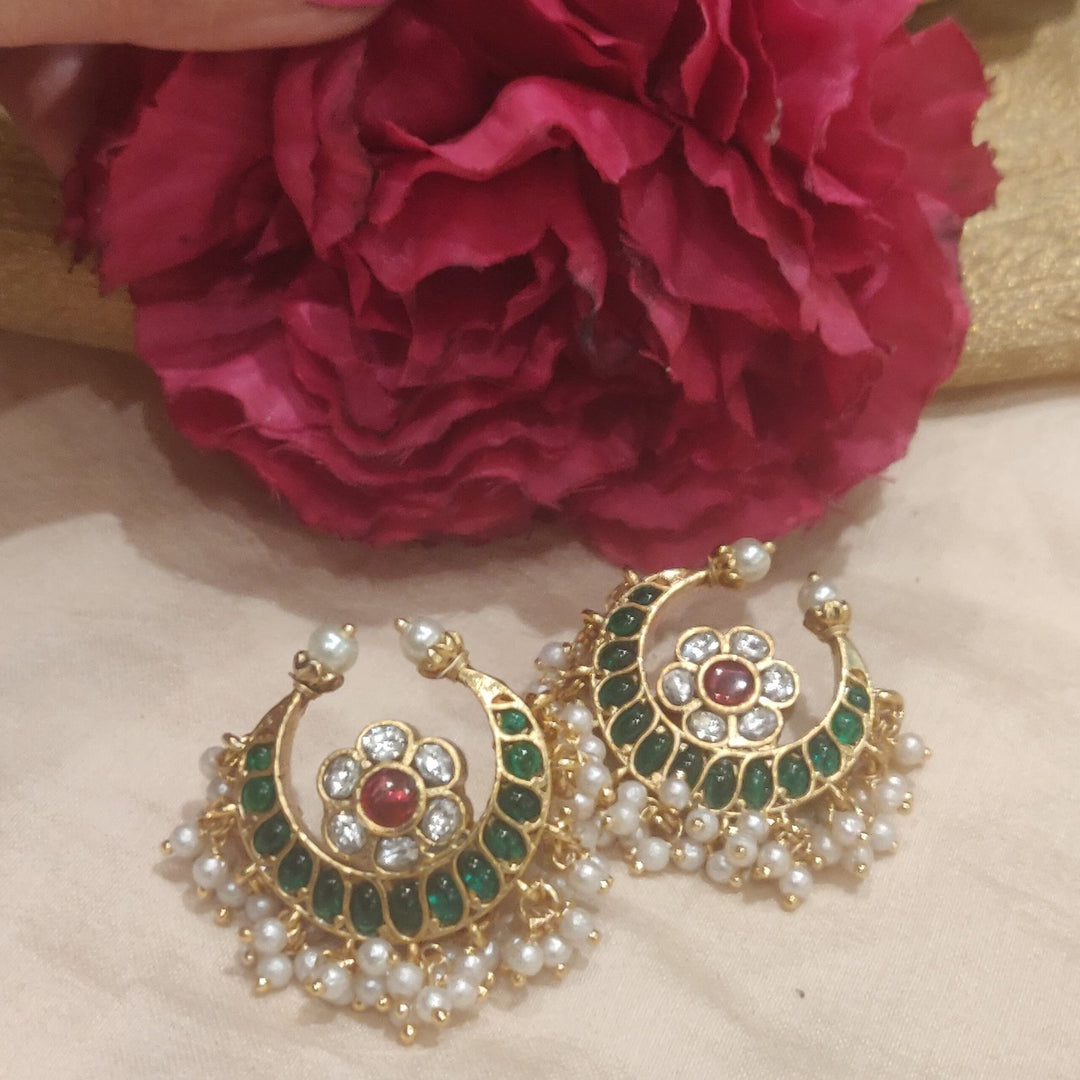 Opulent bridal half moon with perals in golden earring