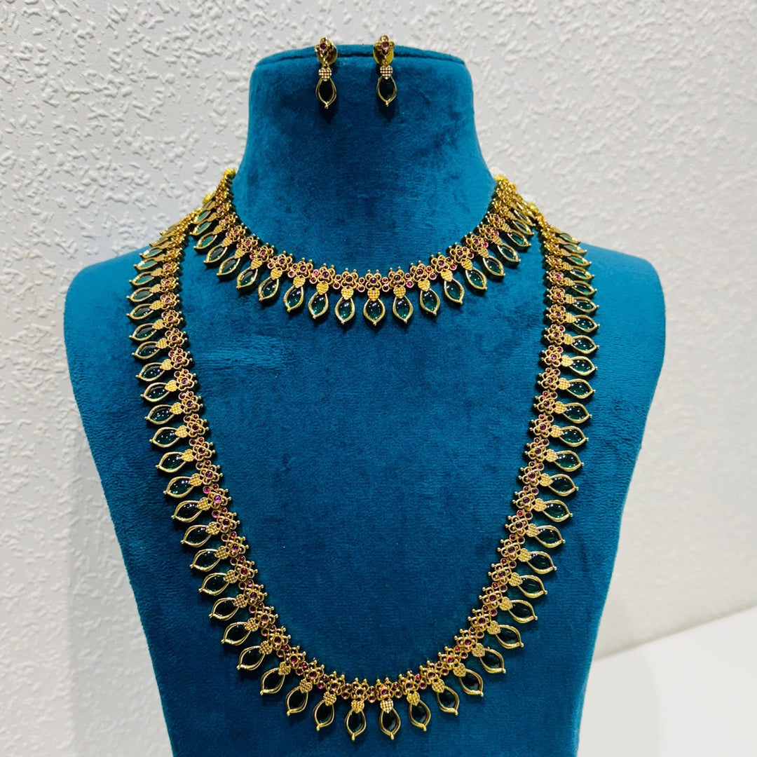 Fashionable Ornate emerald stone leaf with floral ruby golden haar 2 layer  necklace