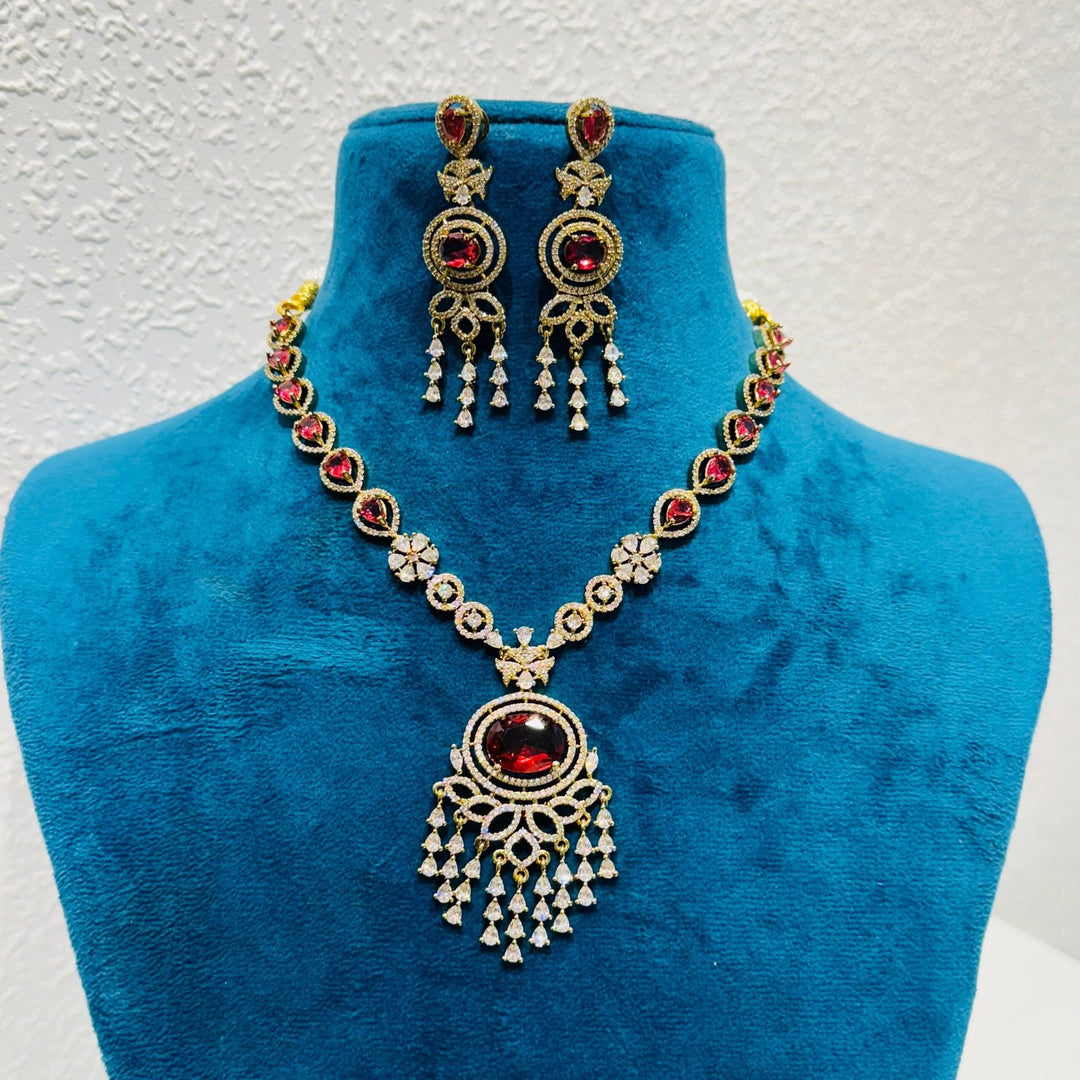 Enigmatic Ethereal red blood stone with ad stone tulip and jhumar design necklace
