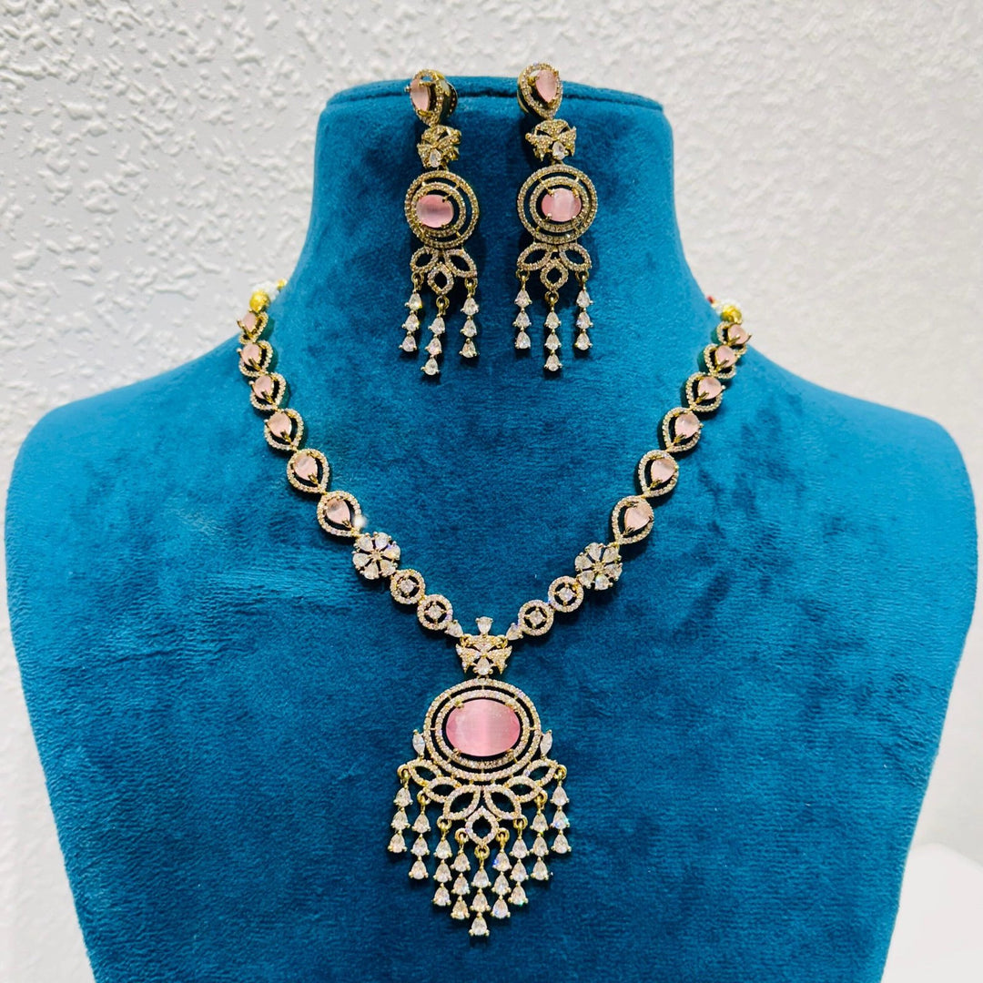 Jubilant Ethereal pink rose stone with ad stone tulip and jhumar design necklace