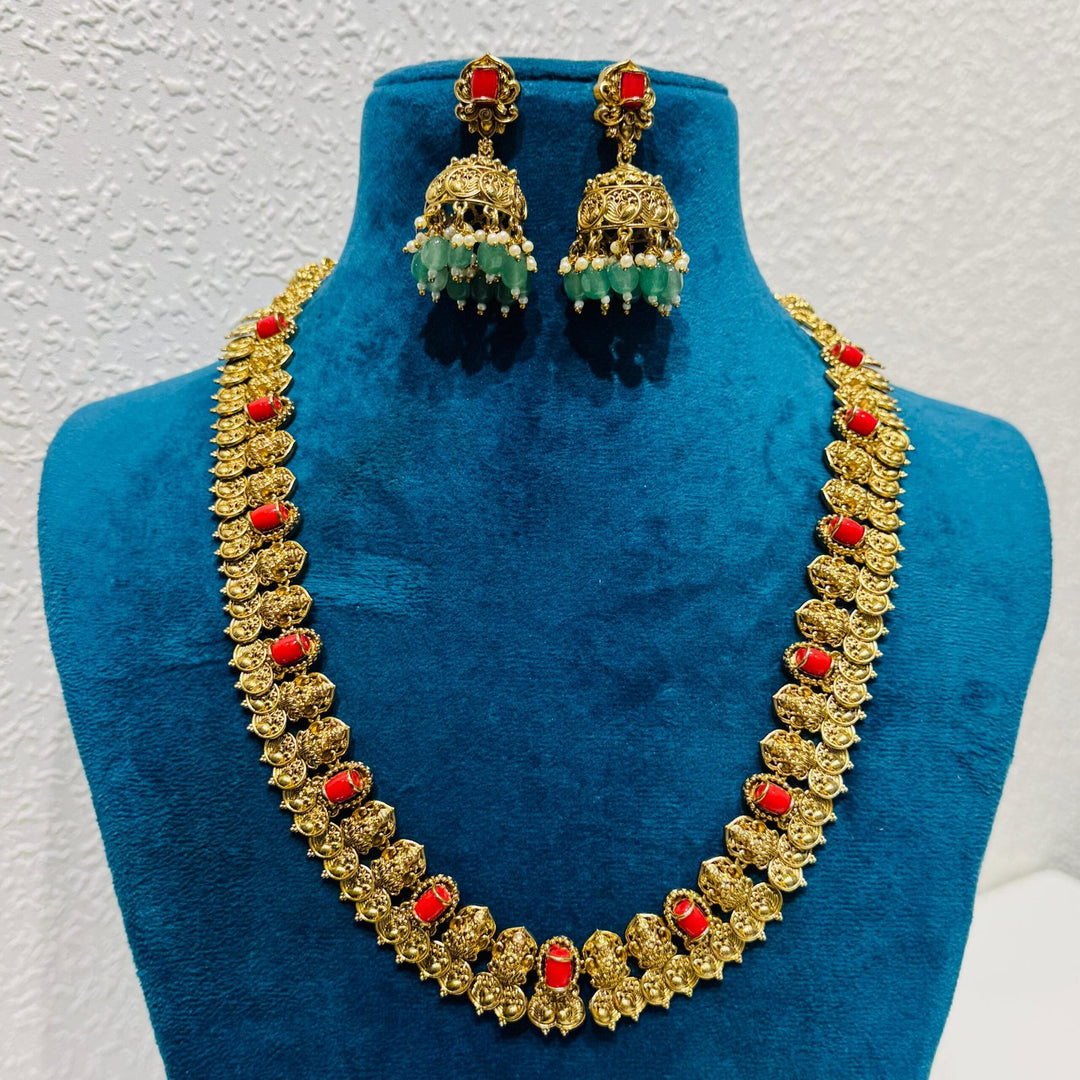 Pinnacle laxmi with red moti bridal golden haar necklace