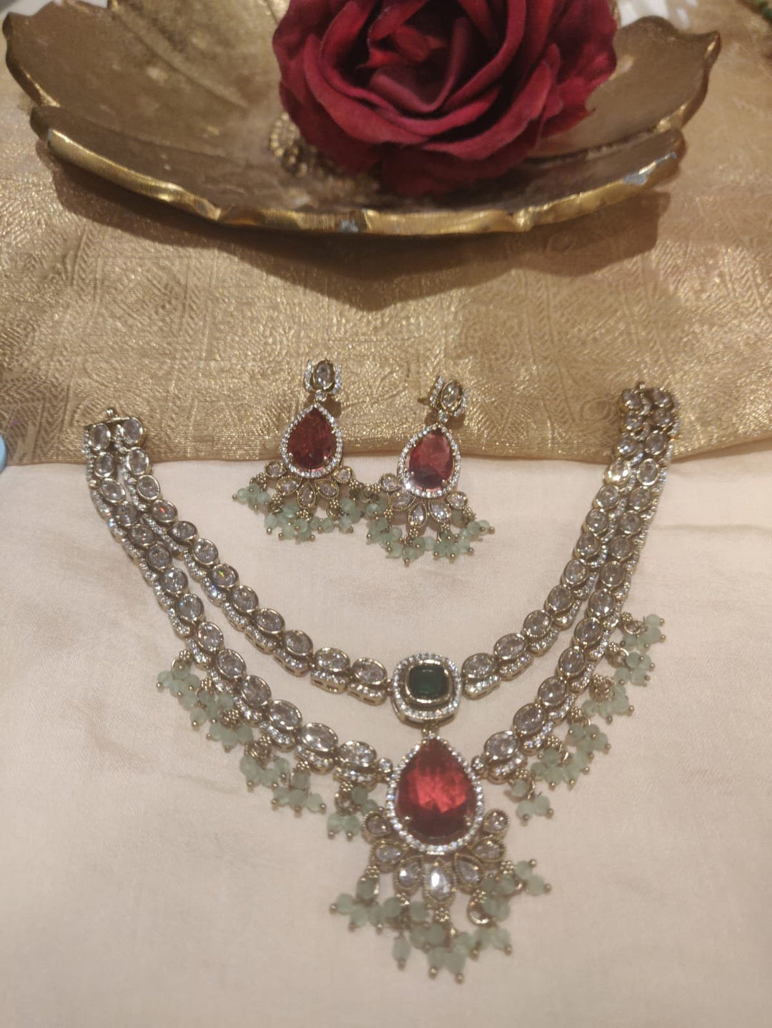 Delicate Crystal AD Stone Green Red Stone 2 Layer Necklace With  Mint Green Beads