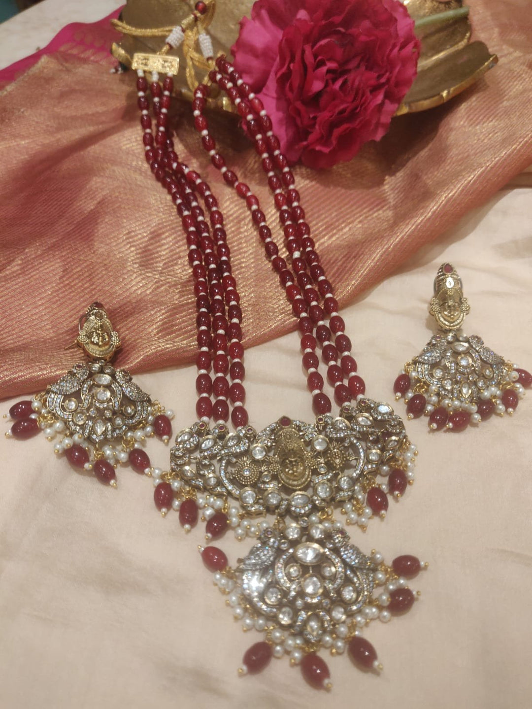 Opulent Handcarfted 3 layer Red Beads Long Necklace